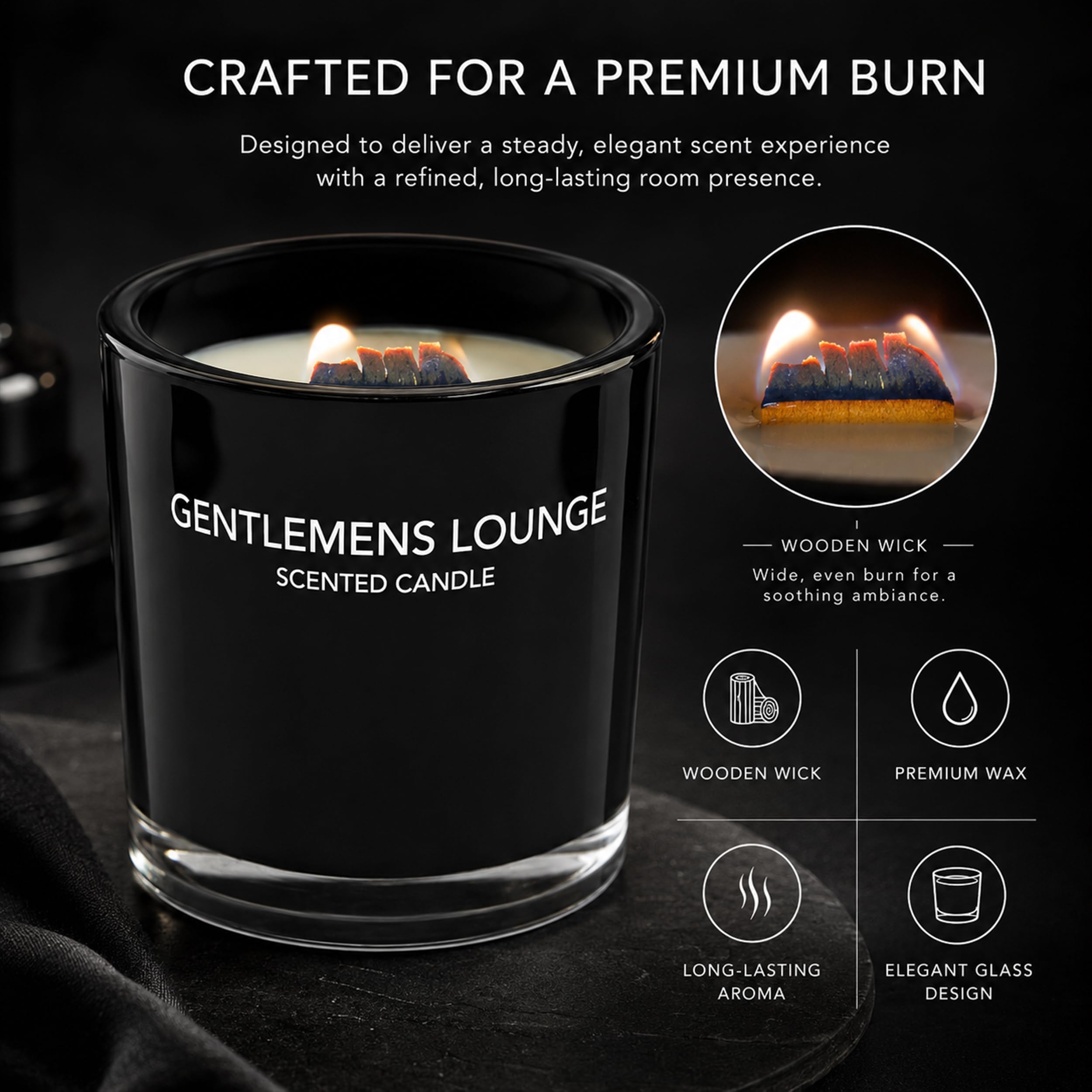 Jeremy Fragrance Kerze Gentleman Lounge | Premium Duftkerze im Glas mit Holzdocht | lange Brenndauer | Schwarz | exquisit und mit lebendigem Guajaköl | Zedernholz, Patschuli, Eukalyptus