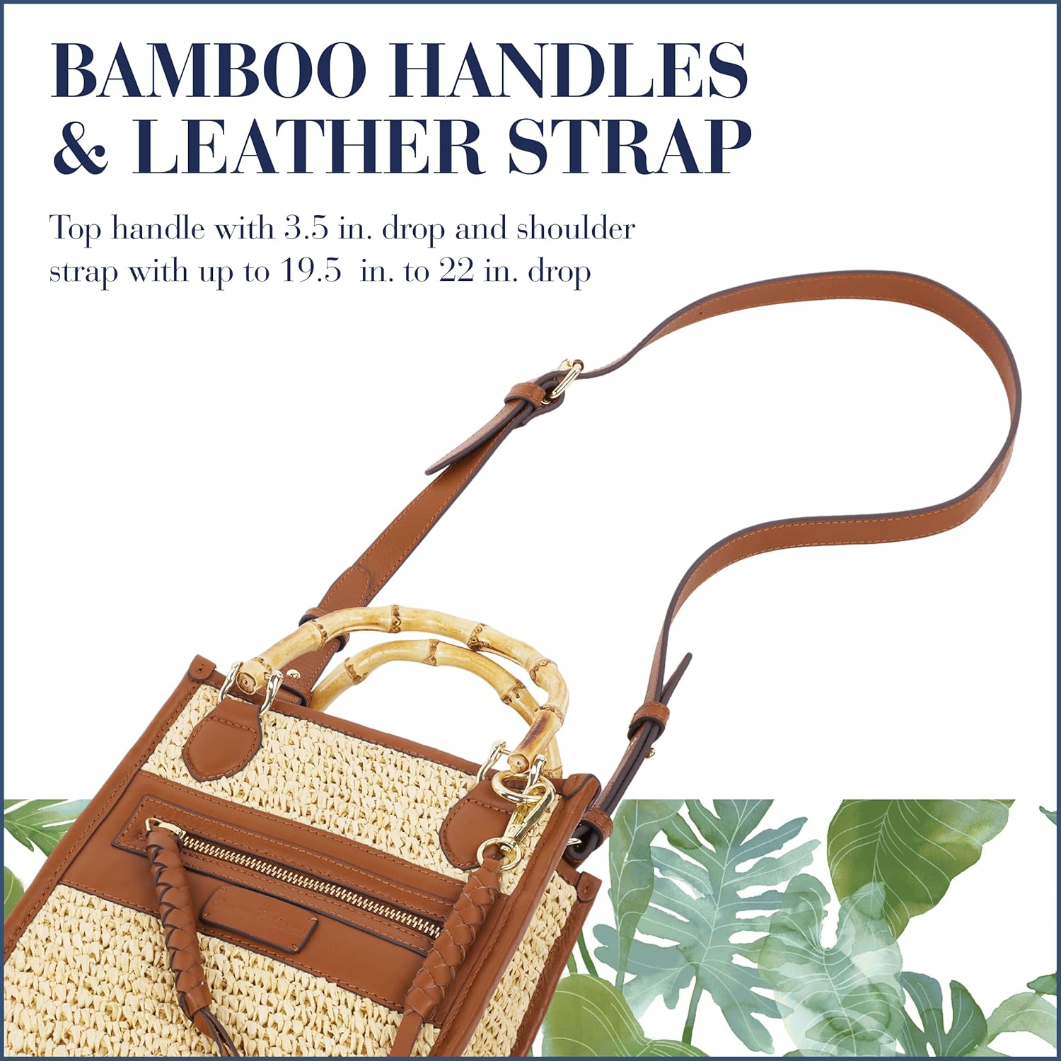 Tommy Bahama Raffia Tote Bag with Bamboo Handle, Structured Summer Handbag with Crossbody Strap, Beach and Resort Purse, Cognac and Natural