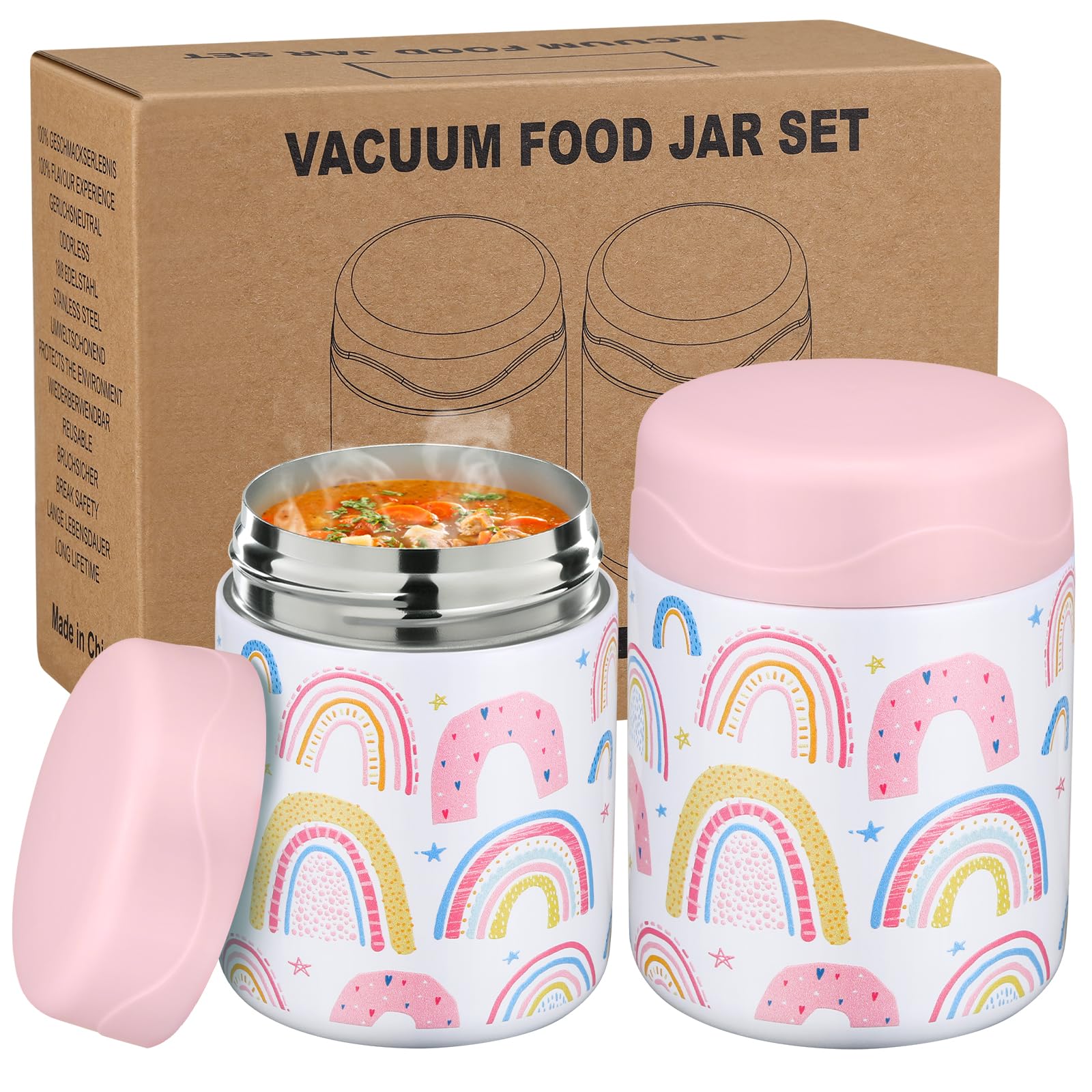 wiwens 12oz 2 Pack Insulated Food Jar Set for Kids Soup Thermo Hot Food Lunch Container Wide Mouth Leak Proof Stainless Steel Vacuum Bento Box for School Office Travel Outdoors