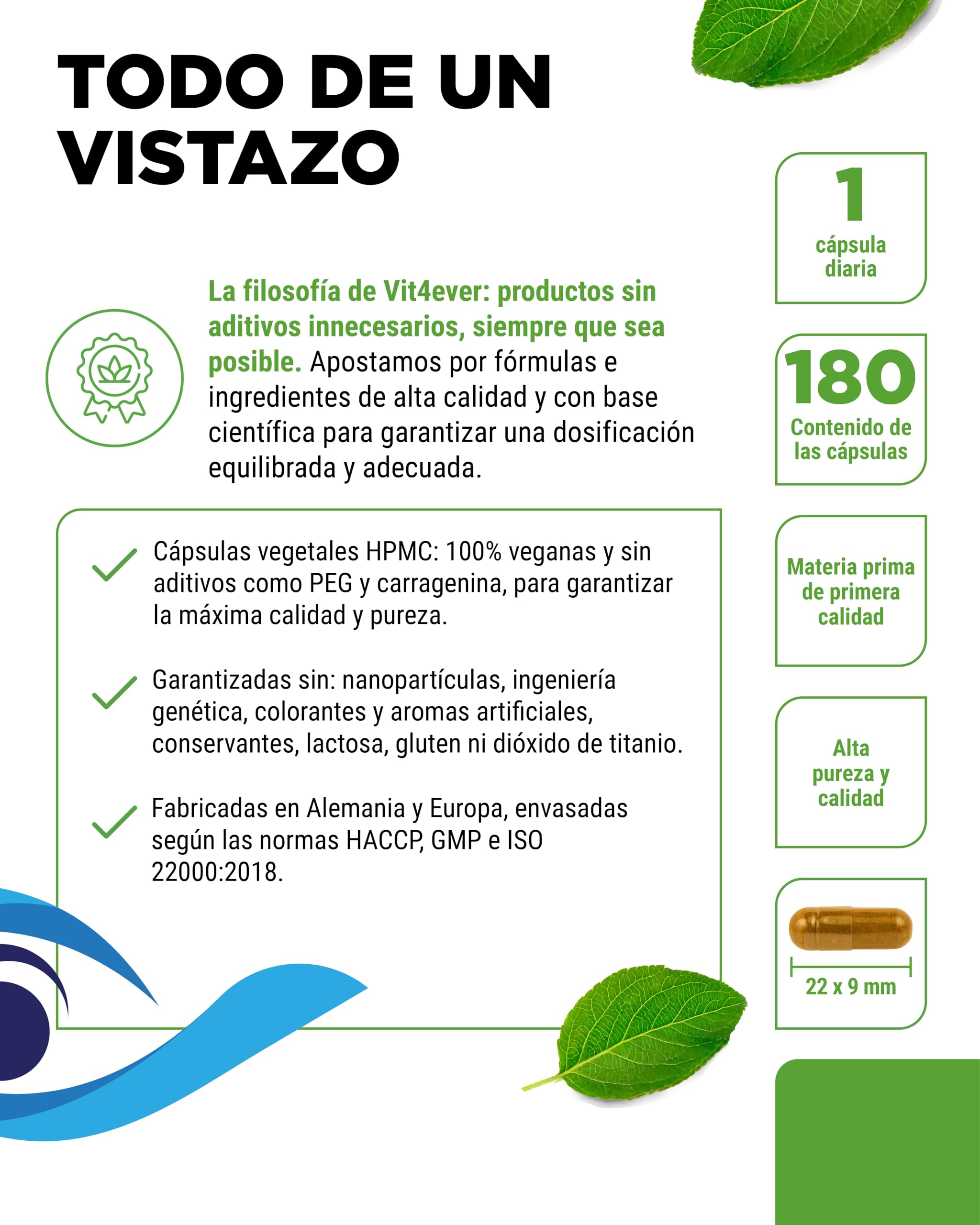 Complejo Vitamínico para los Ojos - 180 cápsulas para 6 meses con Luteína, Zeaxantina, extracto de Arándano, Betacaroteno, Vitamina A y Vitamina B2 - Vegano, alta dosis, sin aditivos inútiles