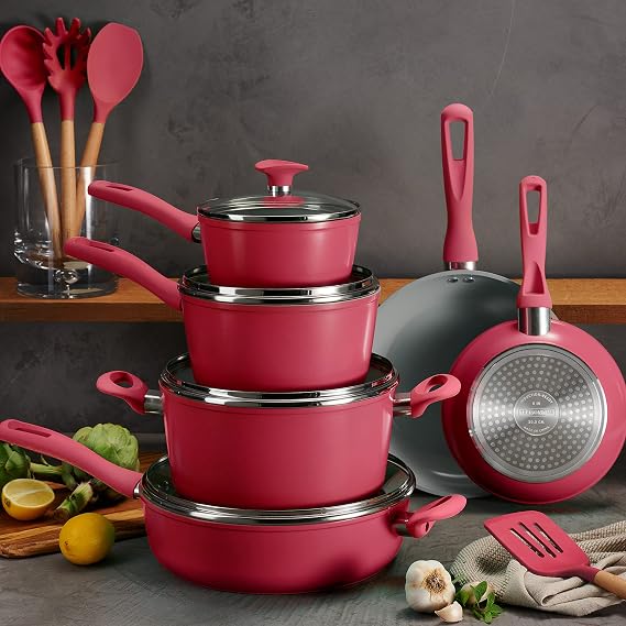 Tramontina Solara 14-Piece Ceramic Non Stick Cookware Set with Lids, Heavy-Gauge Aluminum Pots and Pans Kitchen Set with Nonstick Coating, Dishwasher and Oven Safe (Red)