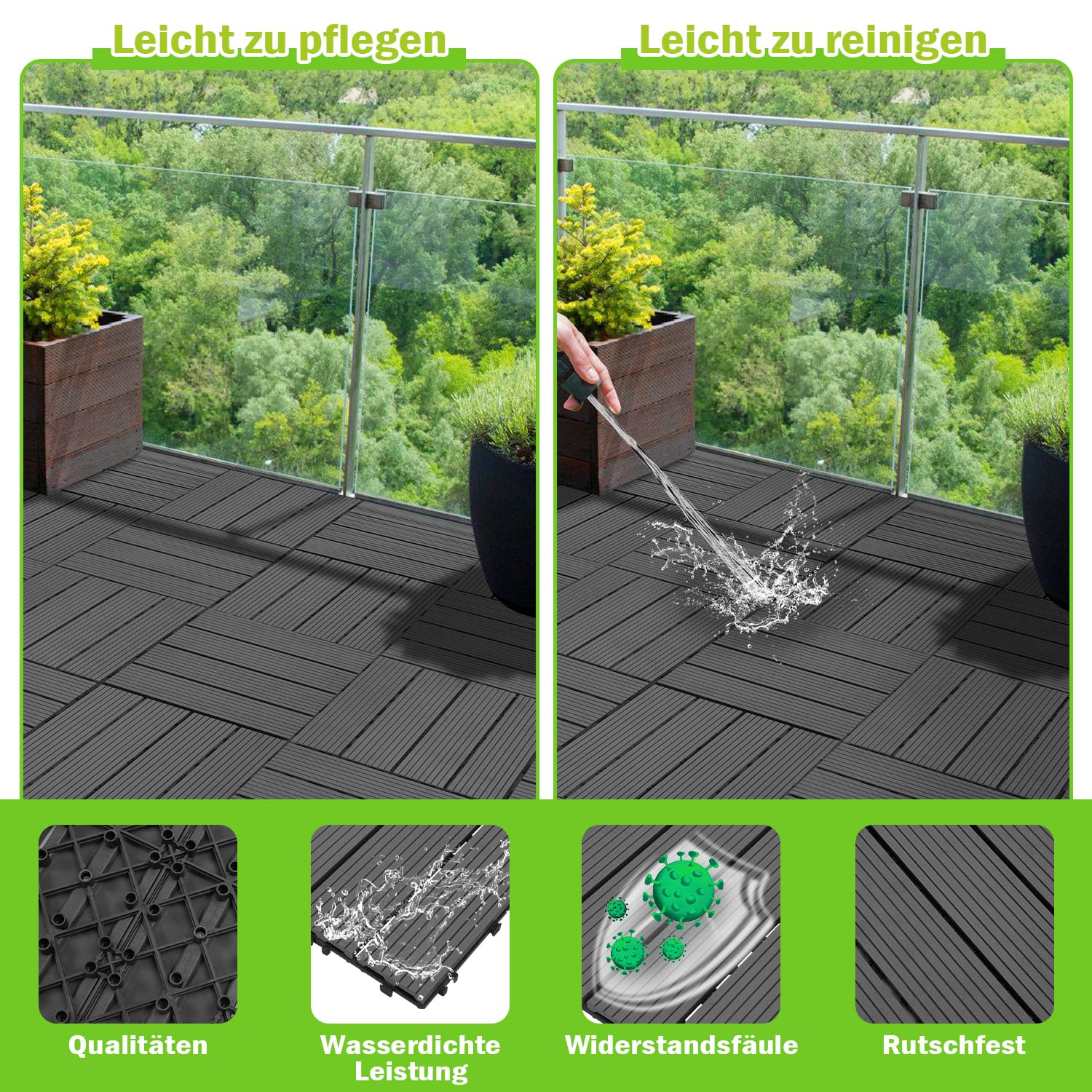22 piastrelle per terrazze in WPC, 30 x 30 cm, per balcone, piastrelle da giardino con sistema a clic, piastrelle a clic, per terrazze, per 2 m², colore antracite