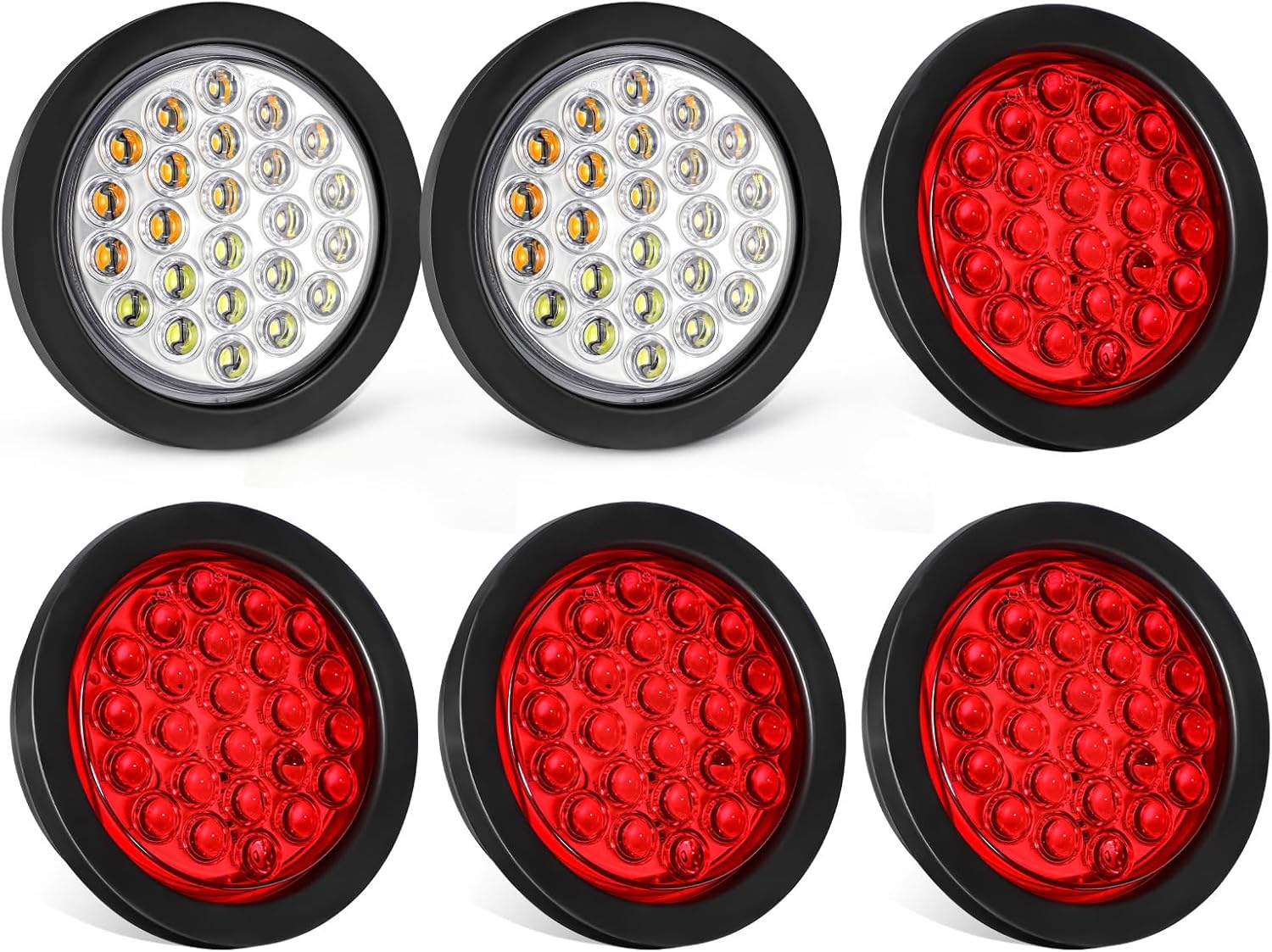 Partsam 2x 4 Inch Round Amber White Strobe Lights Dual Color 24 LEDs, 4Pcs 4 Inch Round LED Trailer Tail Lights Red 24LEDs Waterproof 12V Grommet Plug Included