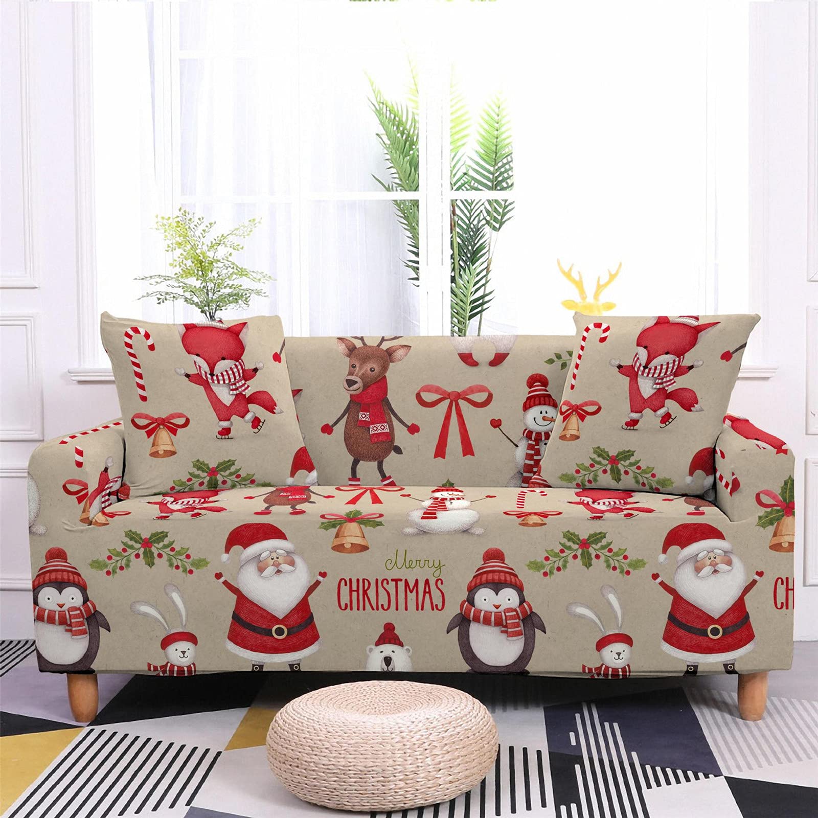 Christmas Elastic Sofa Cover for 1 2 3 4 Seater Sofa, 3D Printing Universal Non-Slip Sofa Cover Sofa Covers Furniture Protector (Camel, 2 Seater)