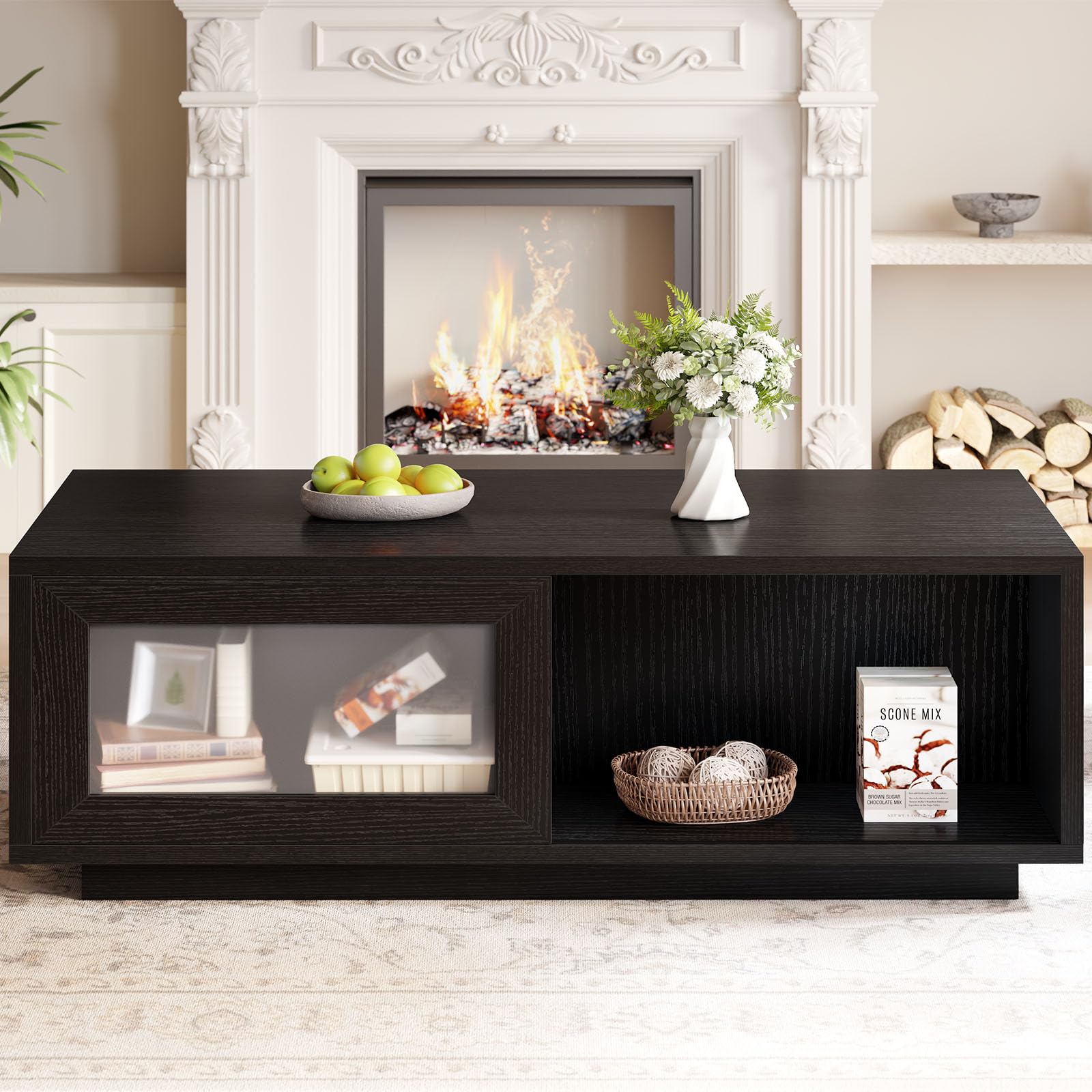 HSH Black Coffee Table Modern Low Coffee Table for Living Room Rectangle Coffee Tables with Sliding Door Large