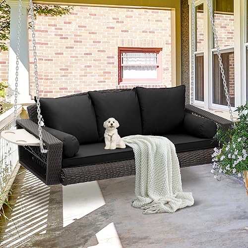 Miniatura 6 de Grepatio Columpio colgante de mimbre para porche, banco de columpio para patio para 3 personas con cojín y cadenas, silla columpio de porche de 3