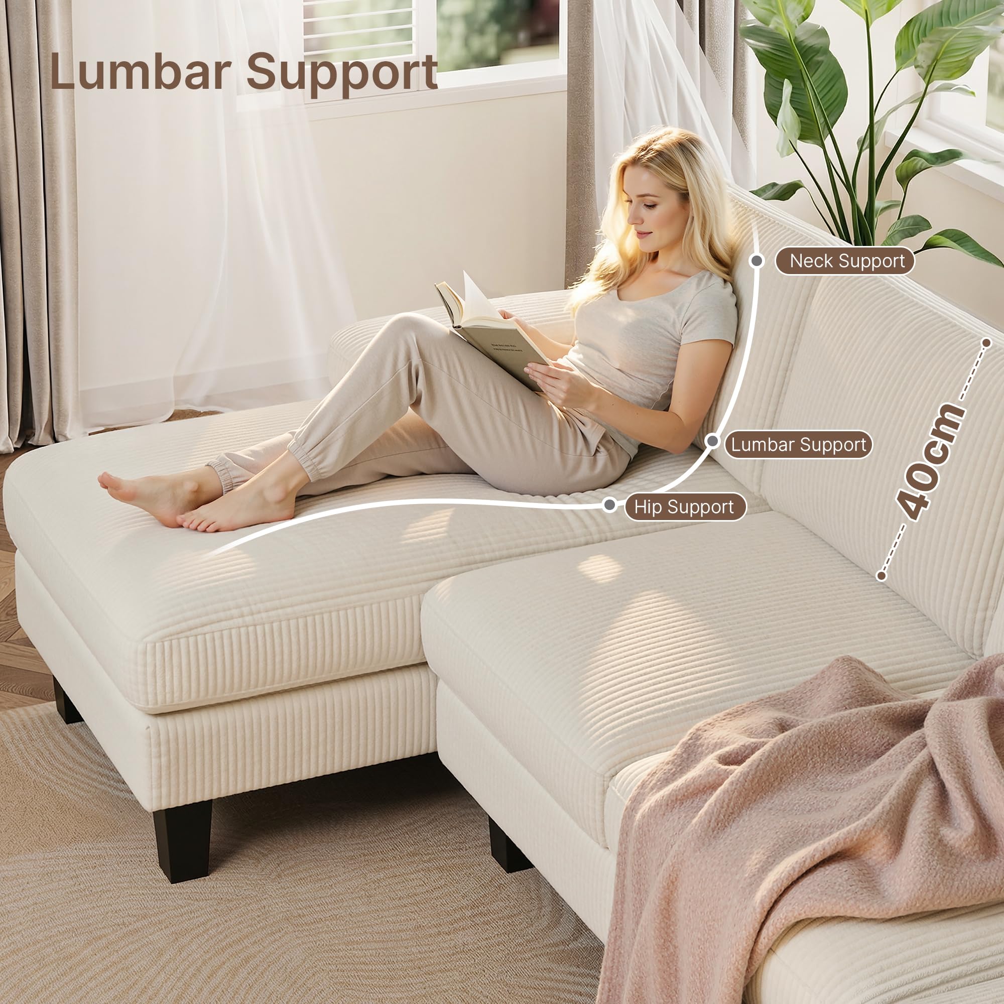 Xbro Divano Angolare a U 4 Posti con Doppia Chaise Longue, Divano Grande Moderno da Soggiorno e Salotto in Velluto a Coste, Struttura in Legno e Metallo 271x122x86 cm, Beige