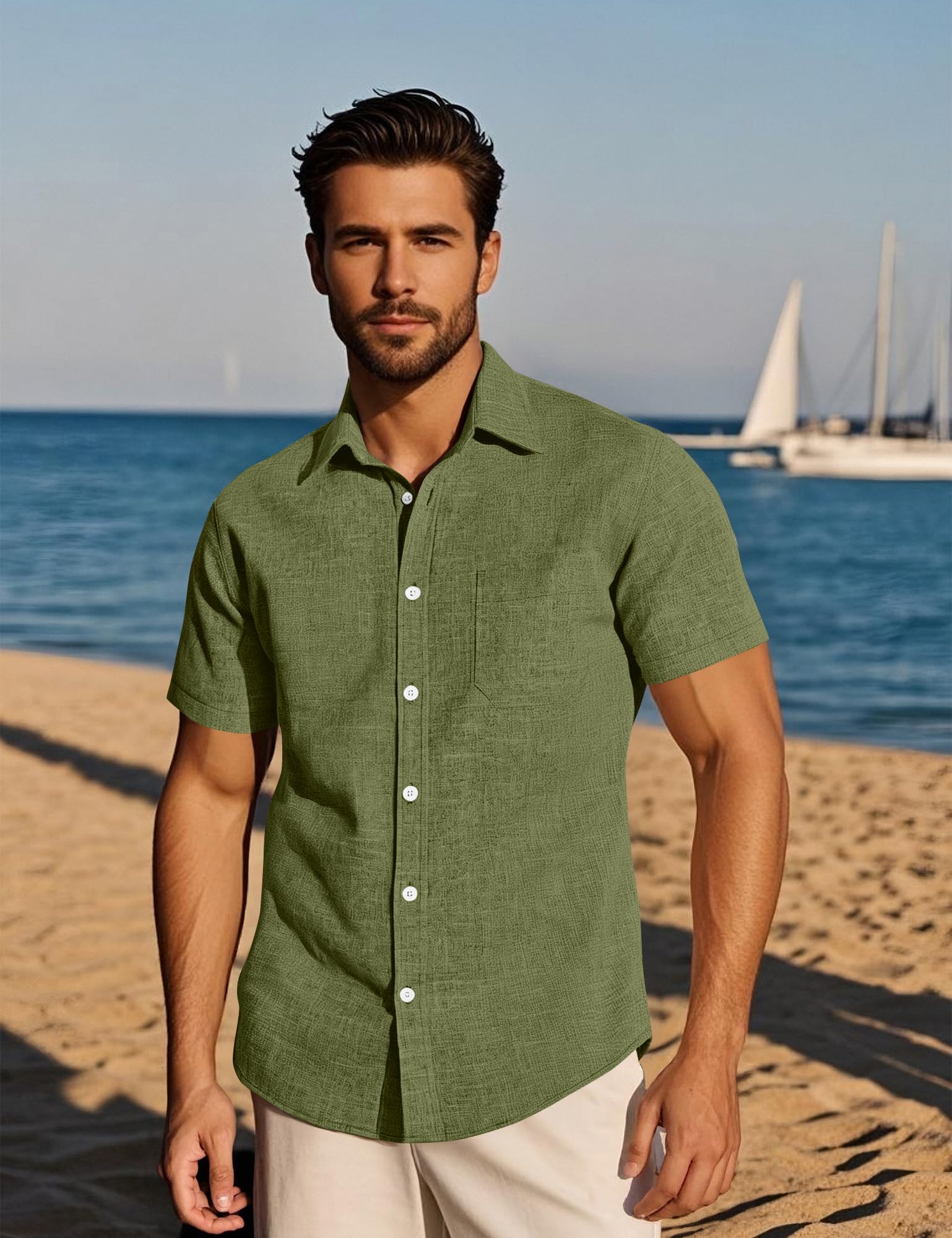 PARKLEES Chemise boutonnée à manches courtes pour homme - En lin texturé - Décontractée - Vacances - Plage - Été
