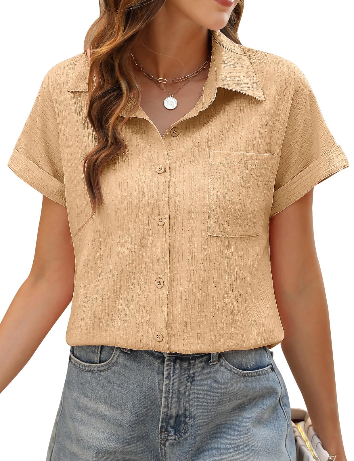 PASUDA Bluse Damen Sommer Elegant Hemdbluse Kurzarm Blusen Musselin Hemd Tunika Tops V-Ausschnitt Button-Down Sommer Oberteile Casual Basic Shirt mit Tasche Blusen