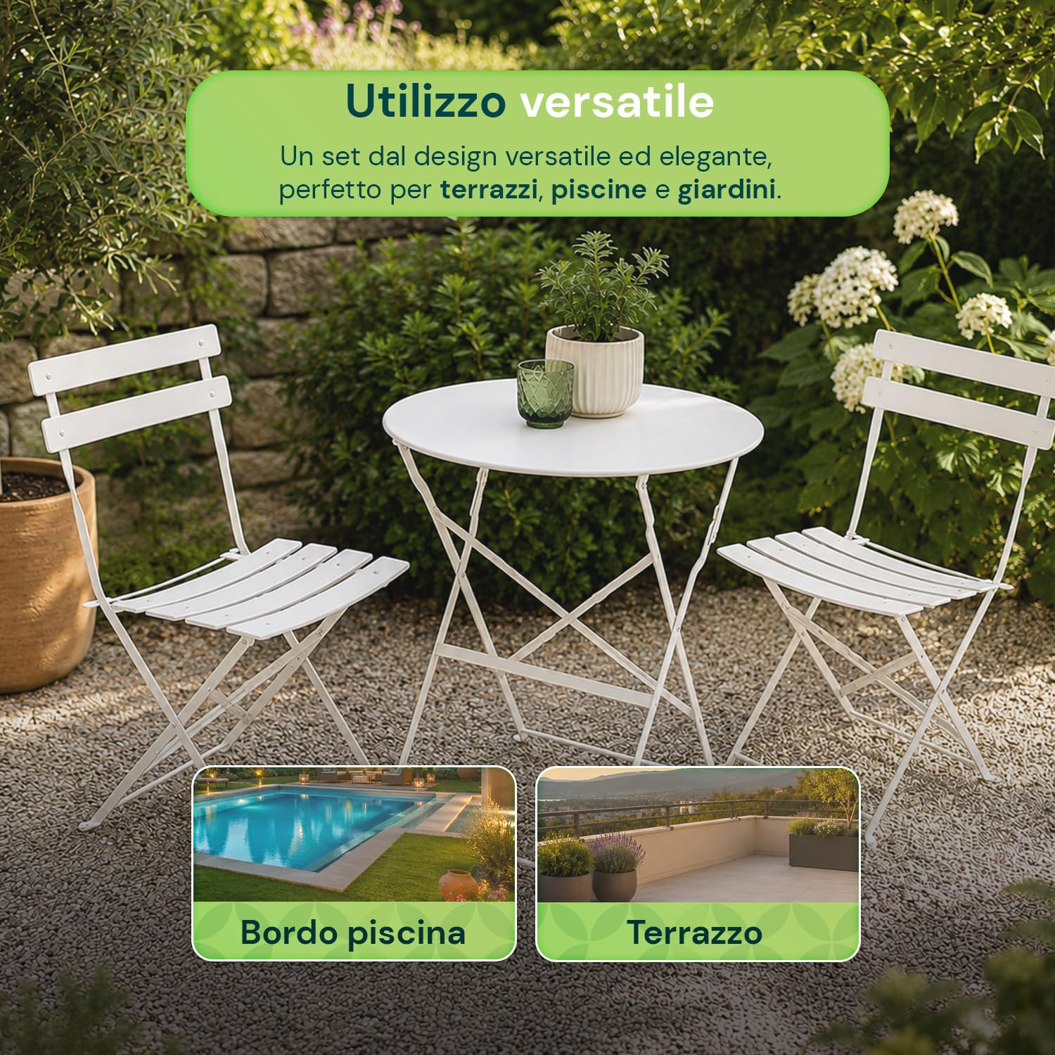 Avilia - Set Tavolo e 2 Sedie da Giardino Pieghevoli – Tavolo Rotondo Ø60 cm, 2 Sedie, Ferro | Tavolo e Sedie da Esterno, Tavolo 150 kg, Sedie 100 kg, Chiudibile, Balcone e Terrazzo (Bianco)