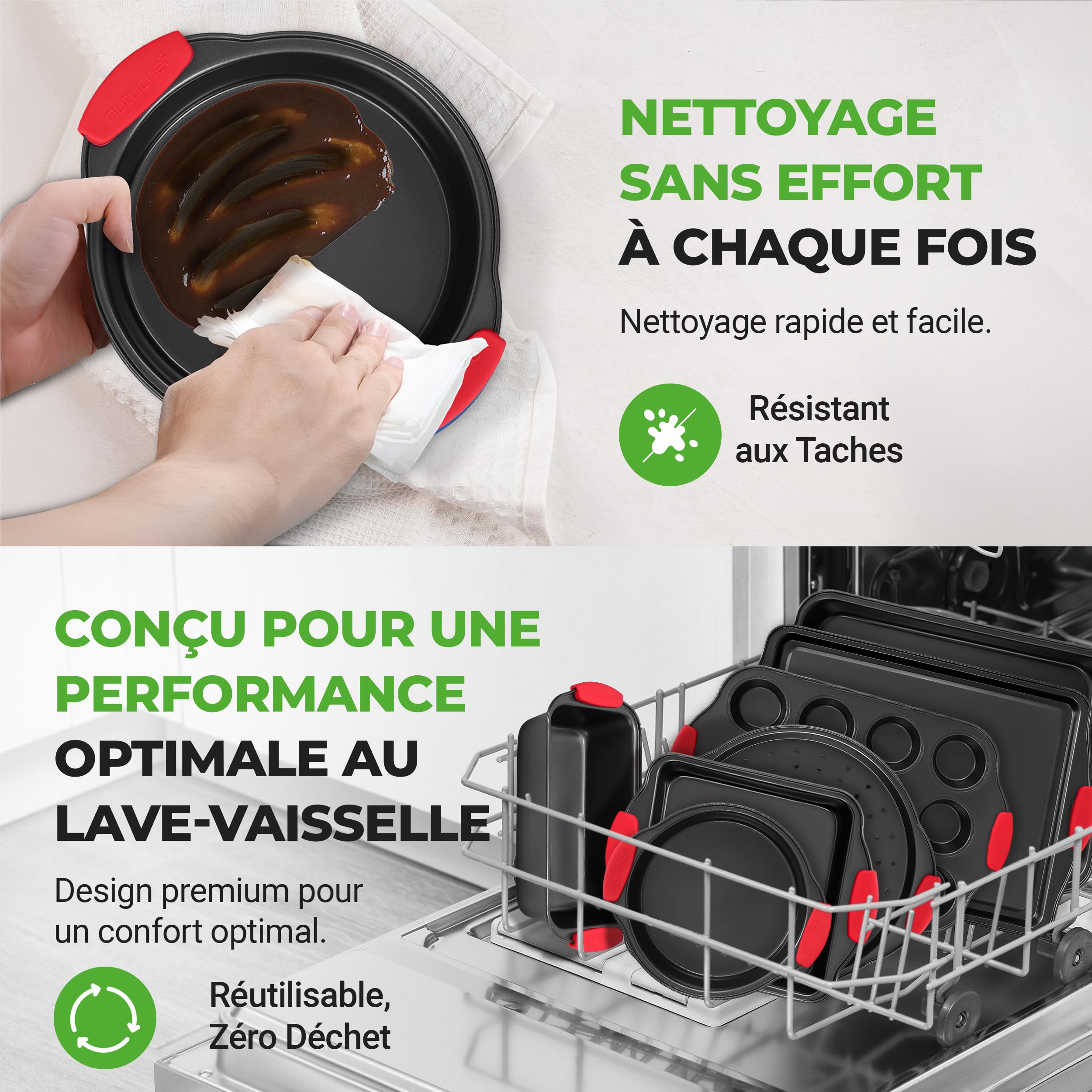 NutriChef Moules à Pâtisserie - Set de 8 Plateaux de Cuisson Antiadhésif en Acier au Carbone - Plateaux Empilables - Inclut Plaques à Biscuits, Moule à Cake, Pizza, Muffins et Gâteau - Noir