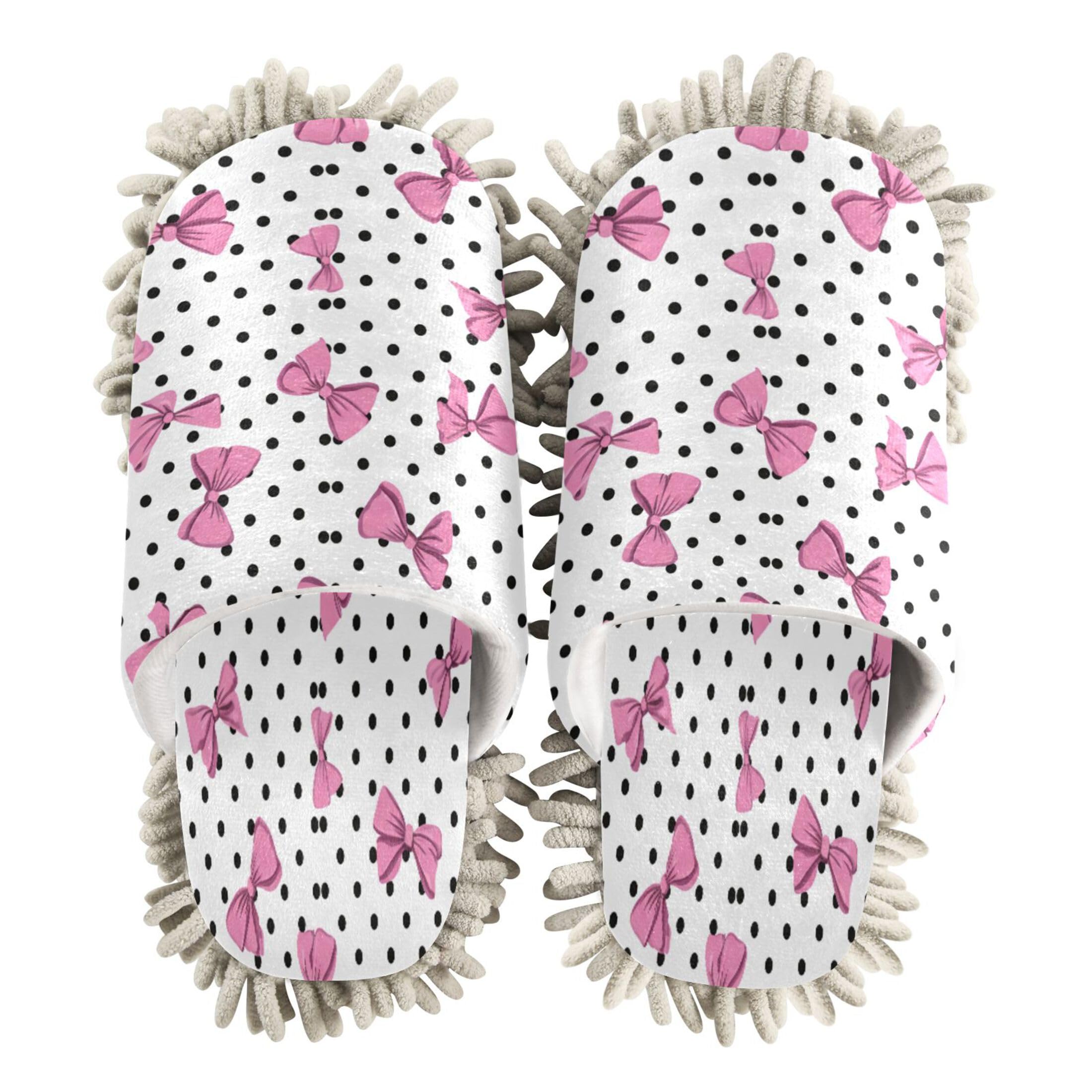 Kigai Pink Bows on Polka Dots Mop Slippers for Floor Cleaning, Slippers for Women Men, Microfiber Floor Cleaning, L
