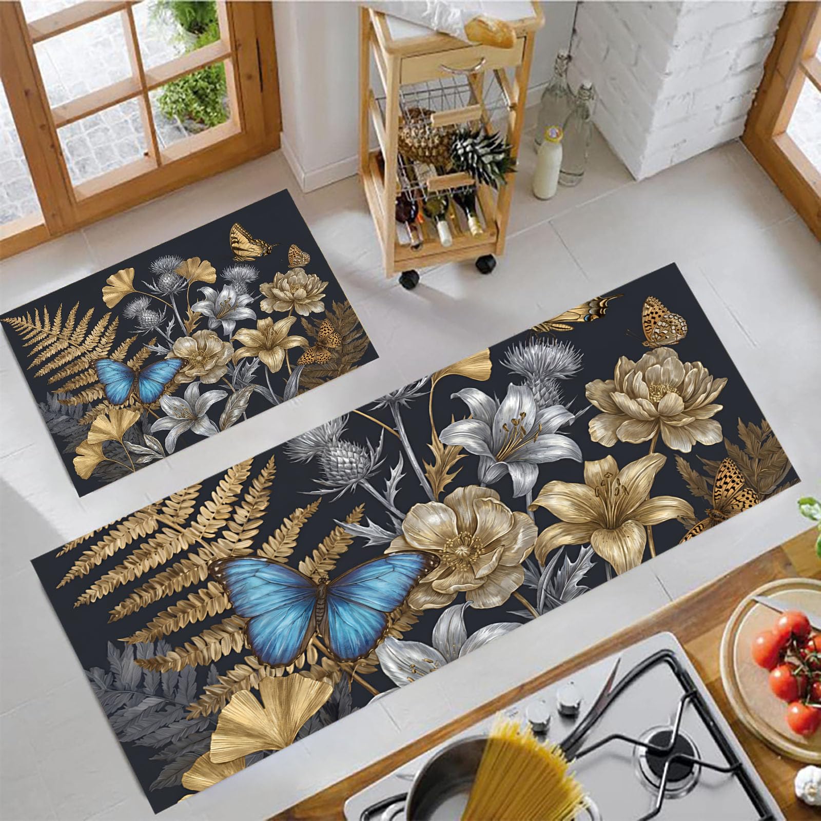 Tapis de cuisine lavable en machine antidérapant fleurs or