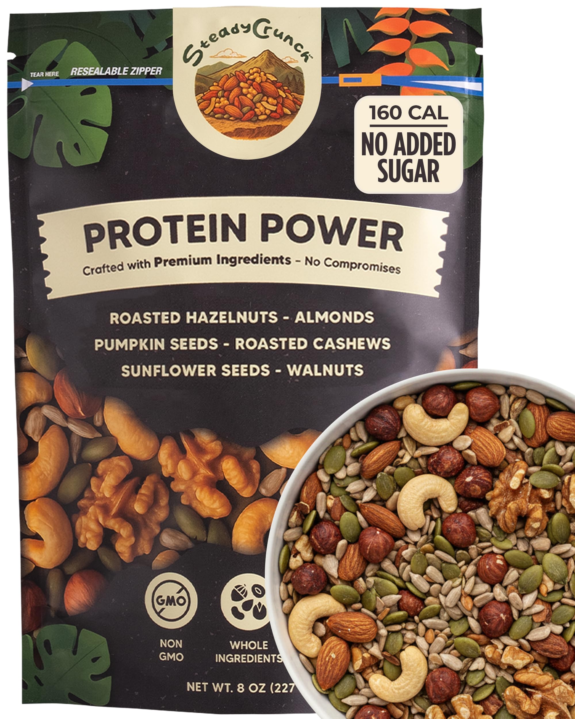Power Protein Healthy Trail Mix Snack 8 oz, Mixed Nuts and Seeds, No Added Sugar, Non-GMO, Gluten-Free, Roasted Cashews, Almonds, Sunflower Seeds, Snacks for Adults and Kids (Pack of 1)