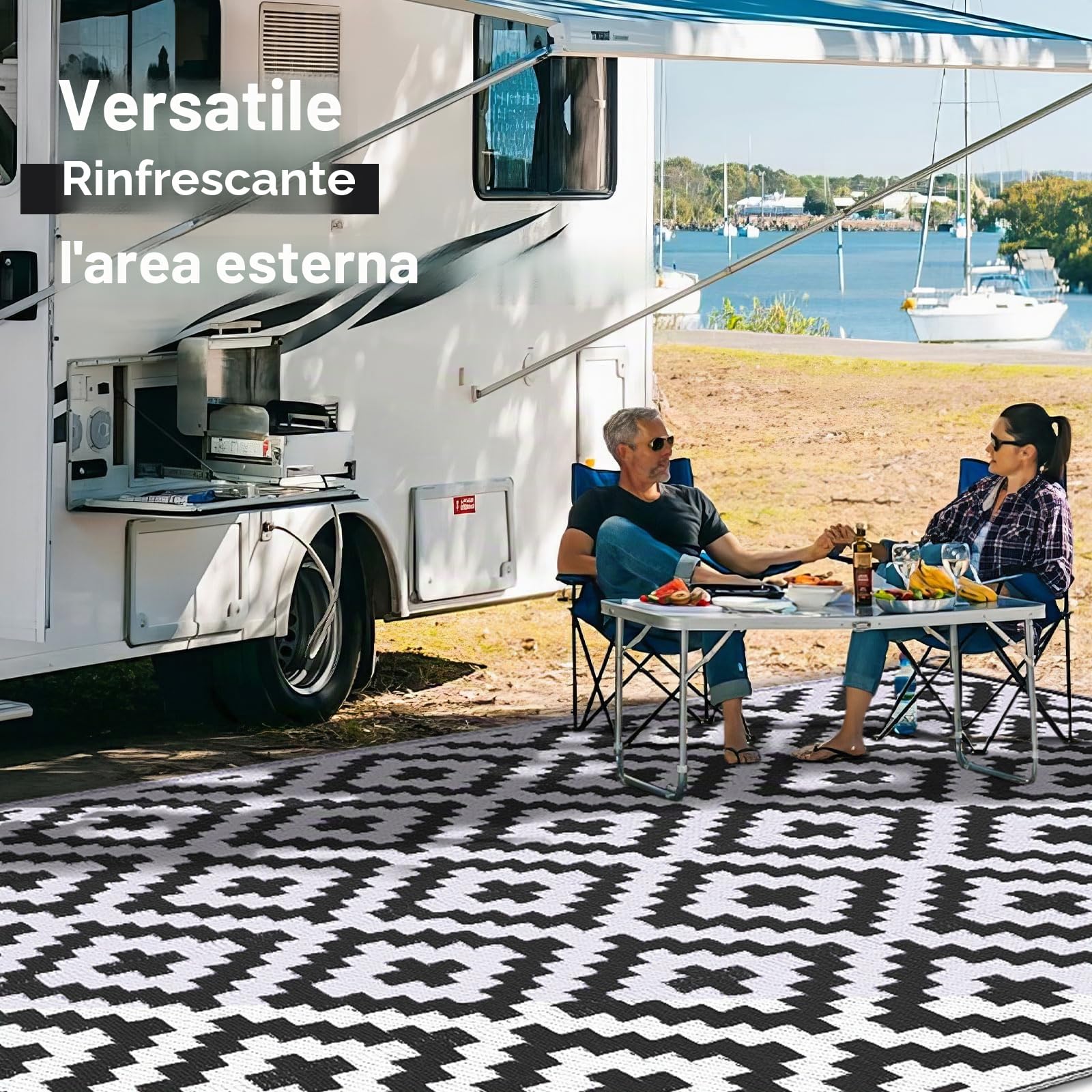 Homaxy Tappeto per esterni, resistente alle intemperie e raggi UV, lavabile, per balcone, giardino, terrazza, campeggio e picnic, 150 x 240 cm, nero e bianco