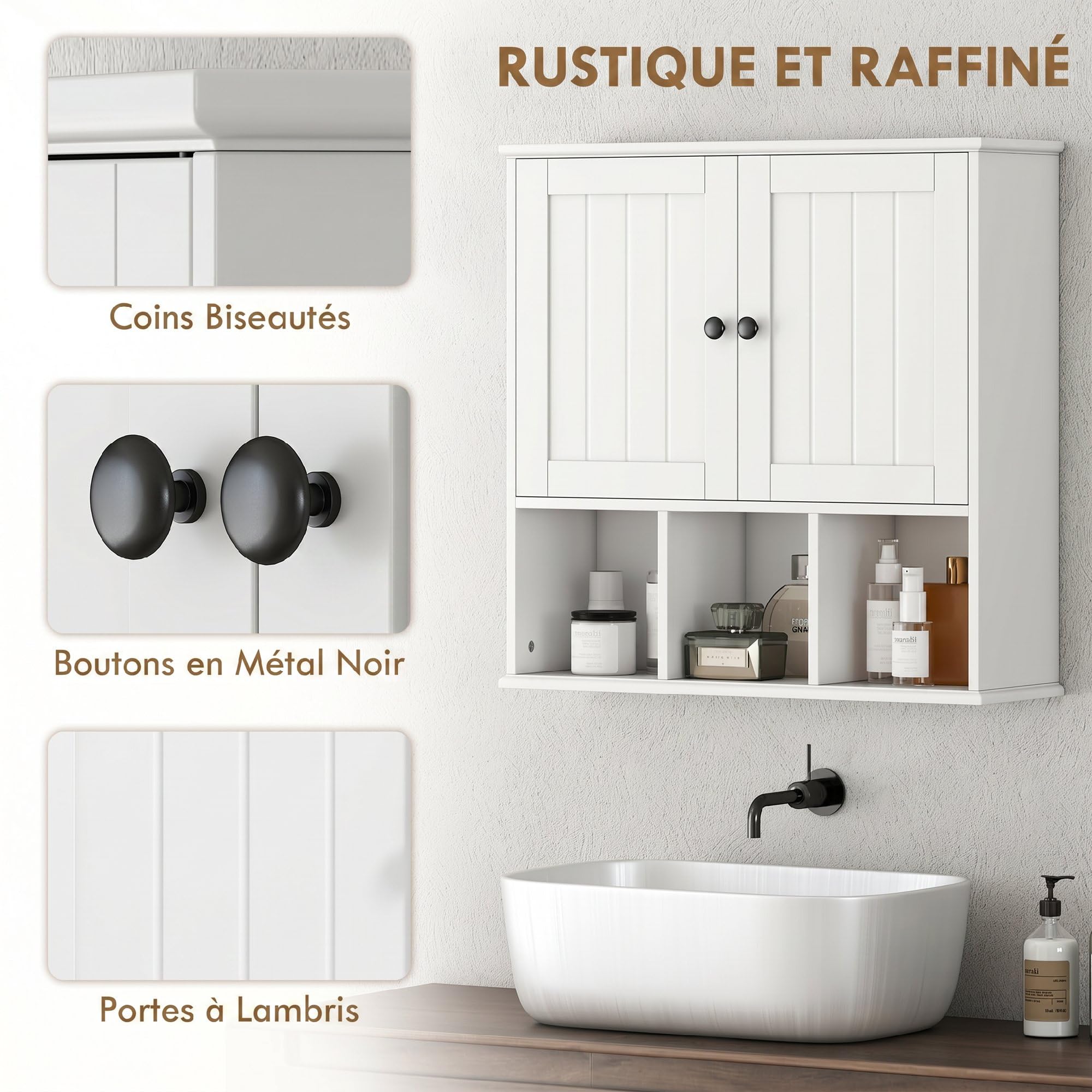 HOMCOM Armoire Murale de Salle de Bain 2 Portes 60 x 19,5 x 60 cm Blanc | Meuble de Rangement Suspendu pour Salle de Bains, Étagère Réglable, Compartiments Ouverts, Meuble WC Suspendu