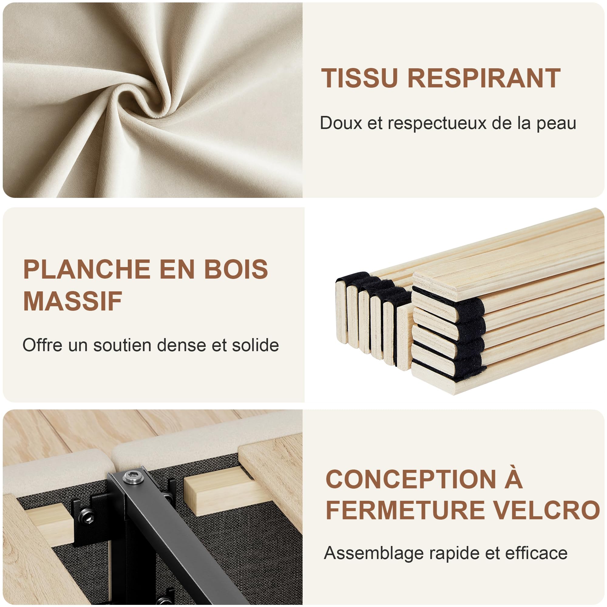 VECELO Lit Double Rembourré 140x190 cm, Support à Lattes en Bois Solide, Tissu Velours, Facile à Assembler, Beige