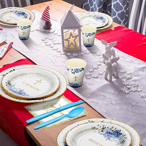 Miniatura 7 de Zubebe 193 platos de bautismo y servilletas, suministros de fiesta, decoraciones para la primera comunión, incluyen platos de papel desechables de