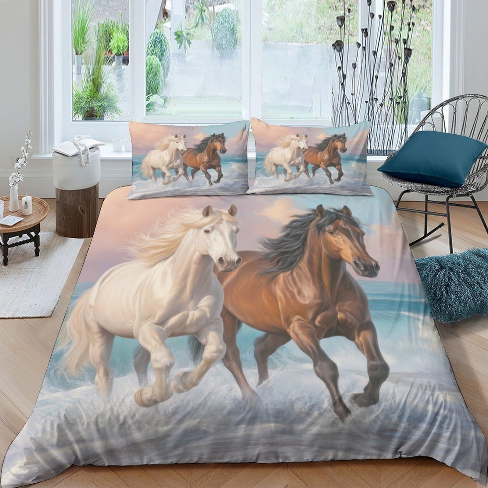 Ctjqhvkz Style-10 3D Printed Running Horse Fitted Sheet Microfiber Soft Breathable Ocean Sunset Mattress Cover Bedroom Decor Single（135X200cm）