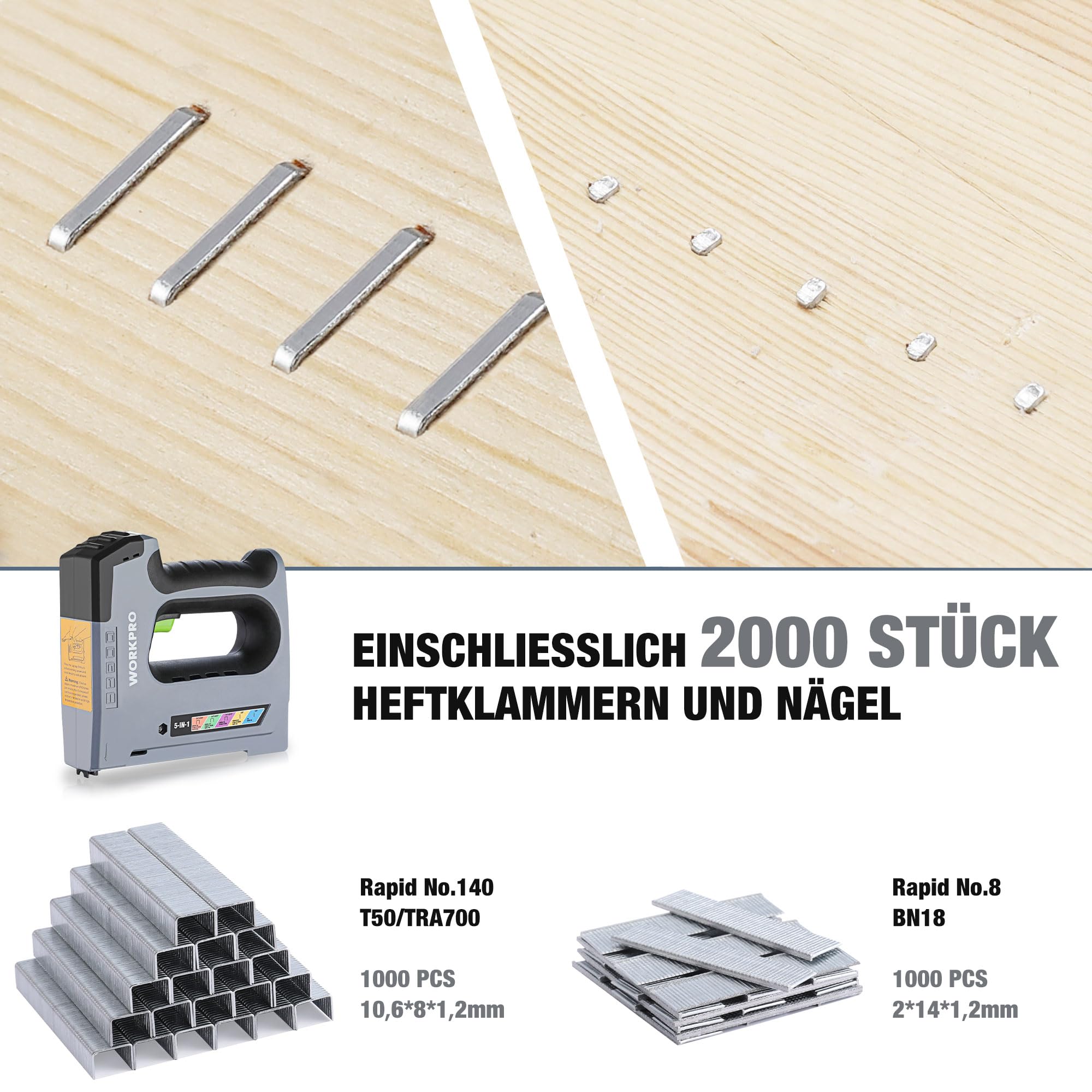 WORKPRO 5-in-1 Elektrotacker 3,6V, Akku Tacker Nagelpistole mit 2000mAh Batterie, Heavy Duty Elektronagle für JT21,T50,T20,BN18,PIN inkl. 2000 Klammern & Nägel, Ideal für Dekoration, Möbelbau