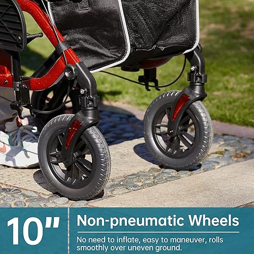 Miniatura 5 de ELENKER Andador y silla de transporte 2 en 1 todo terreno, silla de ruedas plegable con ruedas no neumáticas de 10 pulgadas para personas mayores,