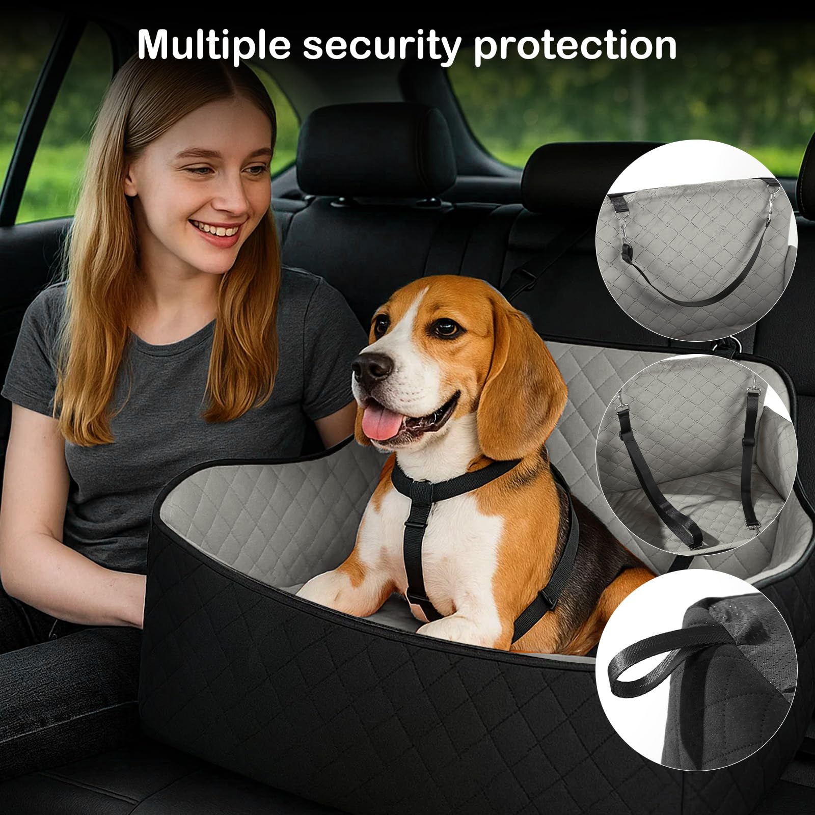 Hunde Autositz für große & mittelgroße Hunde bis 25 kg | Autositze mit Dicker Polsterung, Sicherheitsgurten & Aufbewahrungstaschen (25 kg Schwarz-Grau)