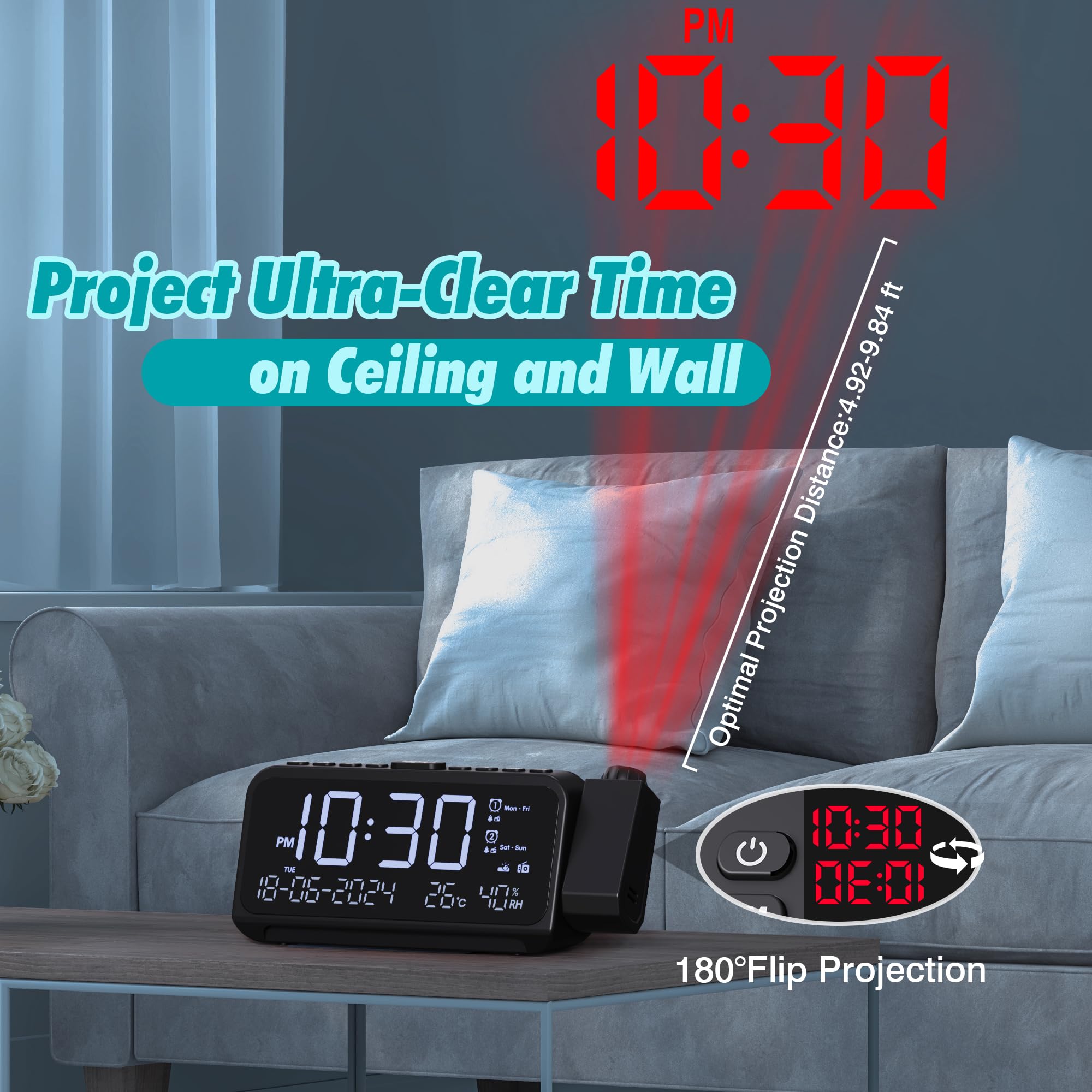 Mesqool Radio Réveil Projecteur de Plafond avec Projecteur 320°, Mode Jours Ouvrables/Week-End, 2 Alarmes, Chargeur USB de Type C, FM, Variateur d'intensité, Température, Humidité, Snooze, 12/24H