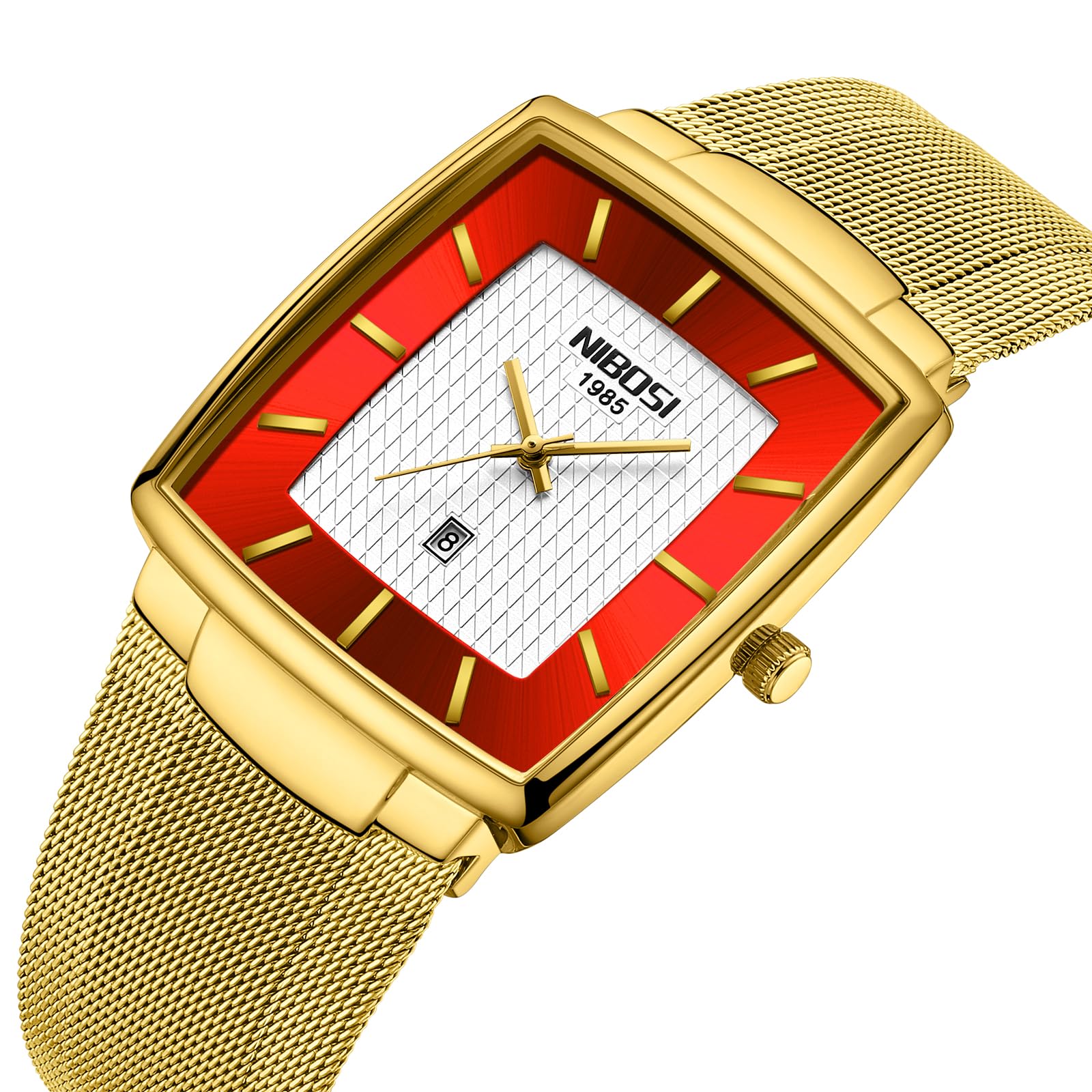 NIBOSI Orologi da uomo Orologi analogici quadrati al quarzo in acciaio inossidabile per uomo Cinturino a maglia Impermeabile Orologio sportivo da lavoro con datario