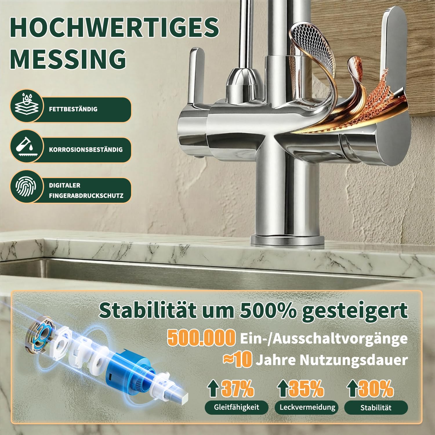 Bateria kuchenna 3 w 1 z mosiądzu, funkcja wody pitnej, obracana o 360°, obsługa z dwoma dźwigniami, przyłącza do ciepłej i zimnej i filtrowanej wody, nadaje się do wysokiego ciśnienia