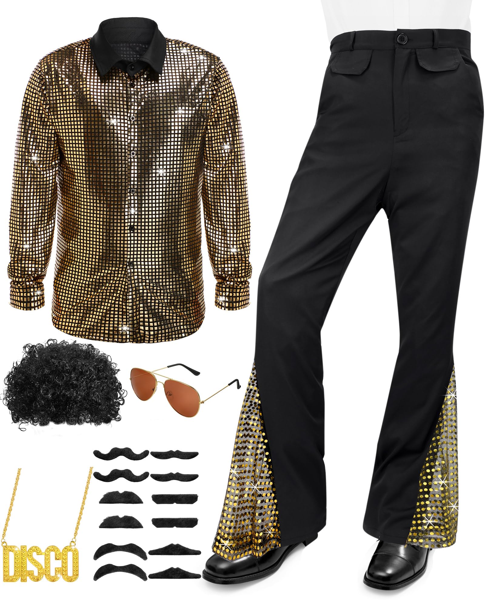 Photo 1 of Mepase 70s Disco Outfit Costume for Boys Kids Bell Bottom Pants Disco Shirts for Halloween Dress Up(Gold,L(height53-64 In))