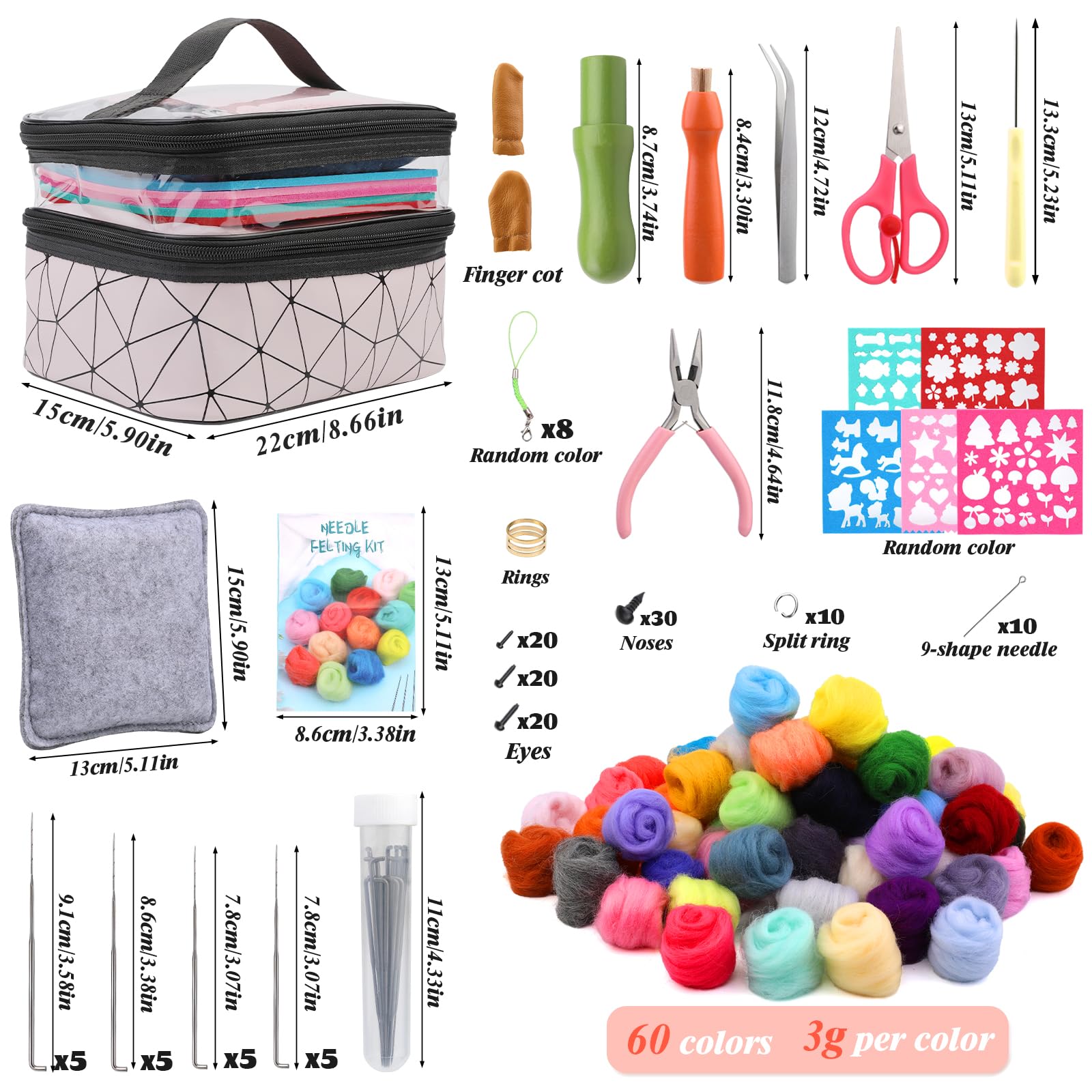 Axmru 215-teiliges Nadelfilz-Set, Wollgarn, 60 Farben, Grundfilz-Werkzeuge und Zubehör, Nadelfilz-Starter-Set, Handwerk mit Schaumstoffmatte, Filzformen und Aufbewahrungsbox für DIY Handwerk