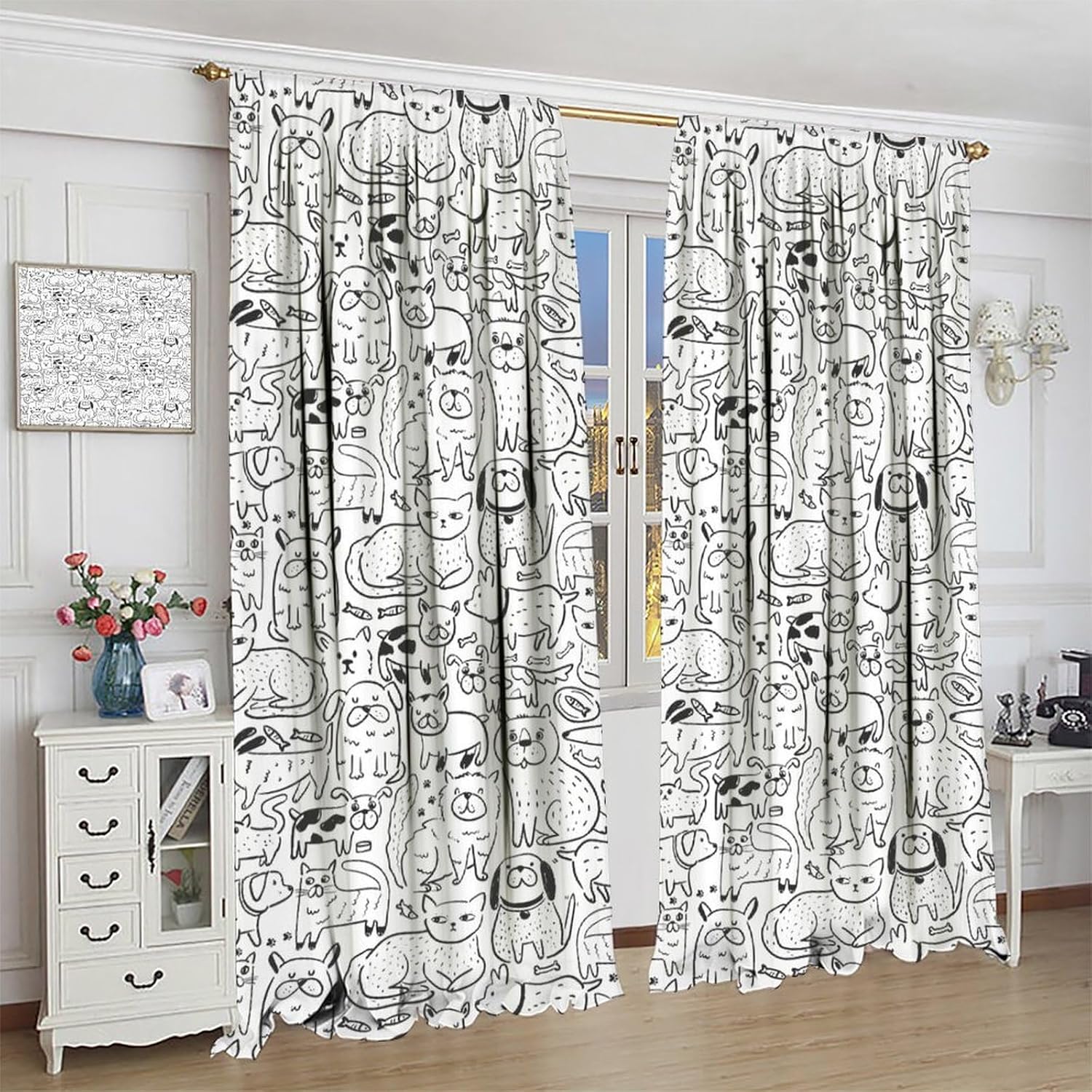 Funny Cat and Dog Curtains, Hand Painted Cartoon Graffiti Art Fun Cute Cat Dog Print Blackout Rod Pocket Window Treatments Drapes for Bedroom Living Room42x54in