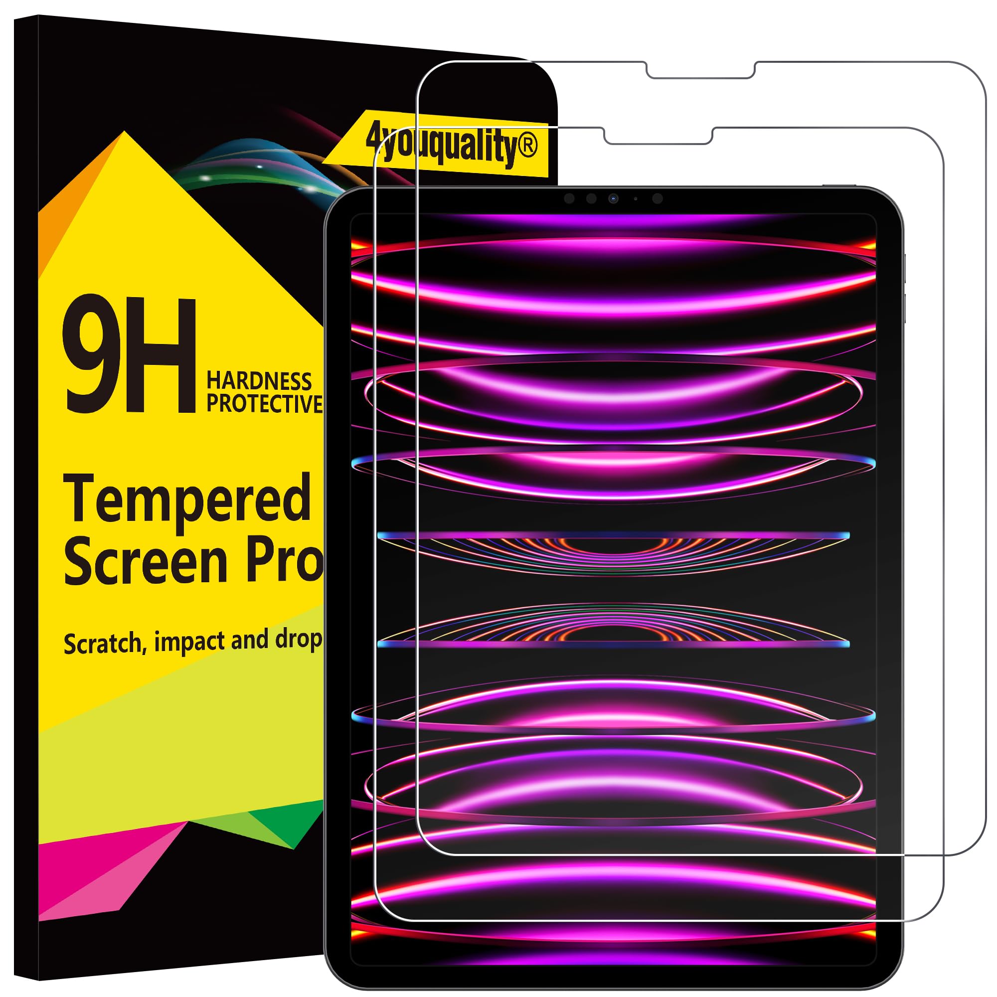 4youquality [2-Pack Screen Protector for iPad Pro 11-Inch All Models & iPad Air 5/4 (10.9-Inch 2022/2020), Tempered Glass Film, Anti-Scratch, Impact-Resistant, Face ID Compatible