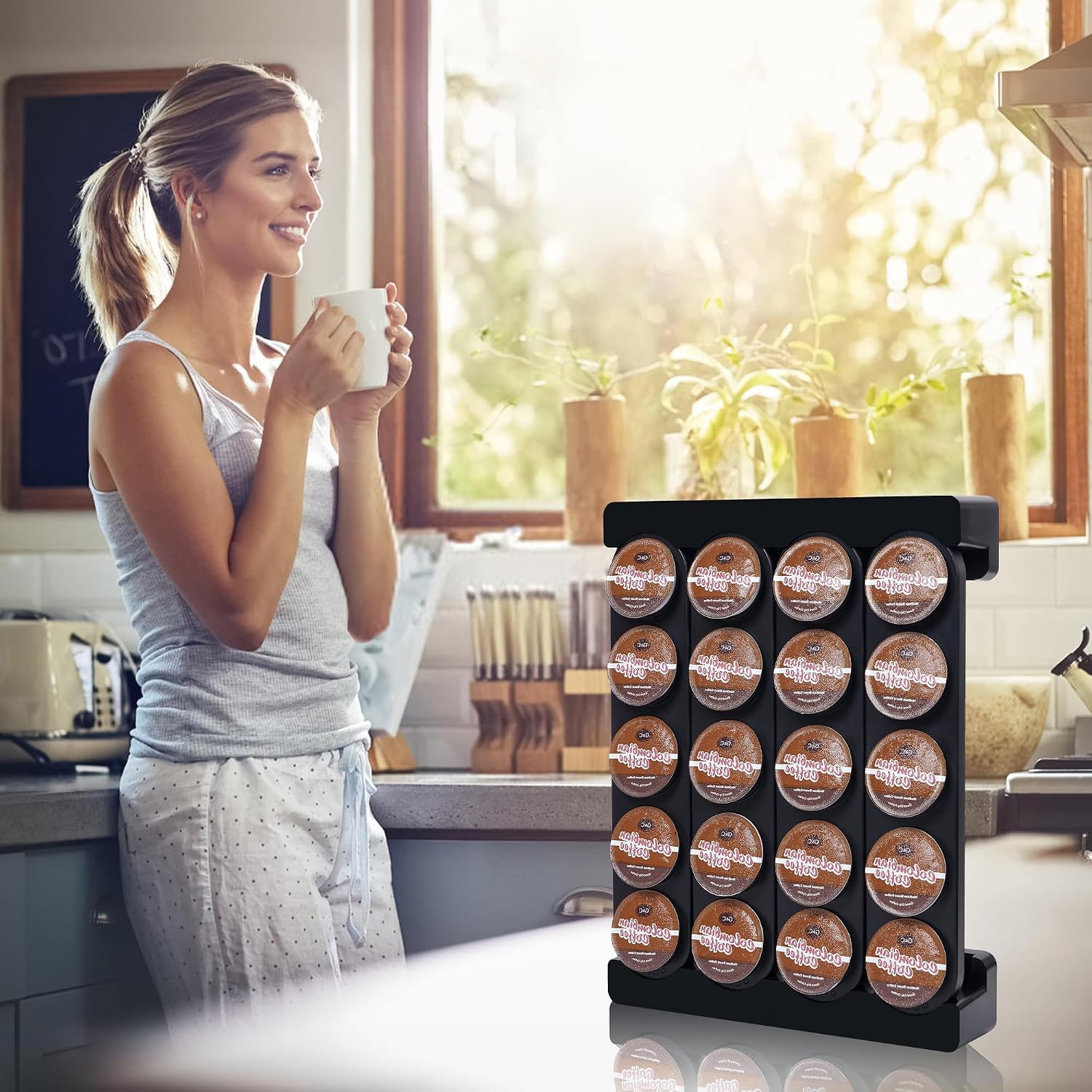 Wall Mounted Coffee Pod Holder, Holds 20 K Cup Coffee Capsules, for Wall Countertop Drawer, Black