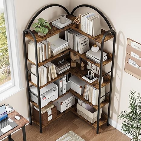 Corner Bookcase Large Bookshelf with Storage Arched Design
