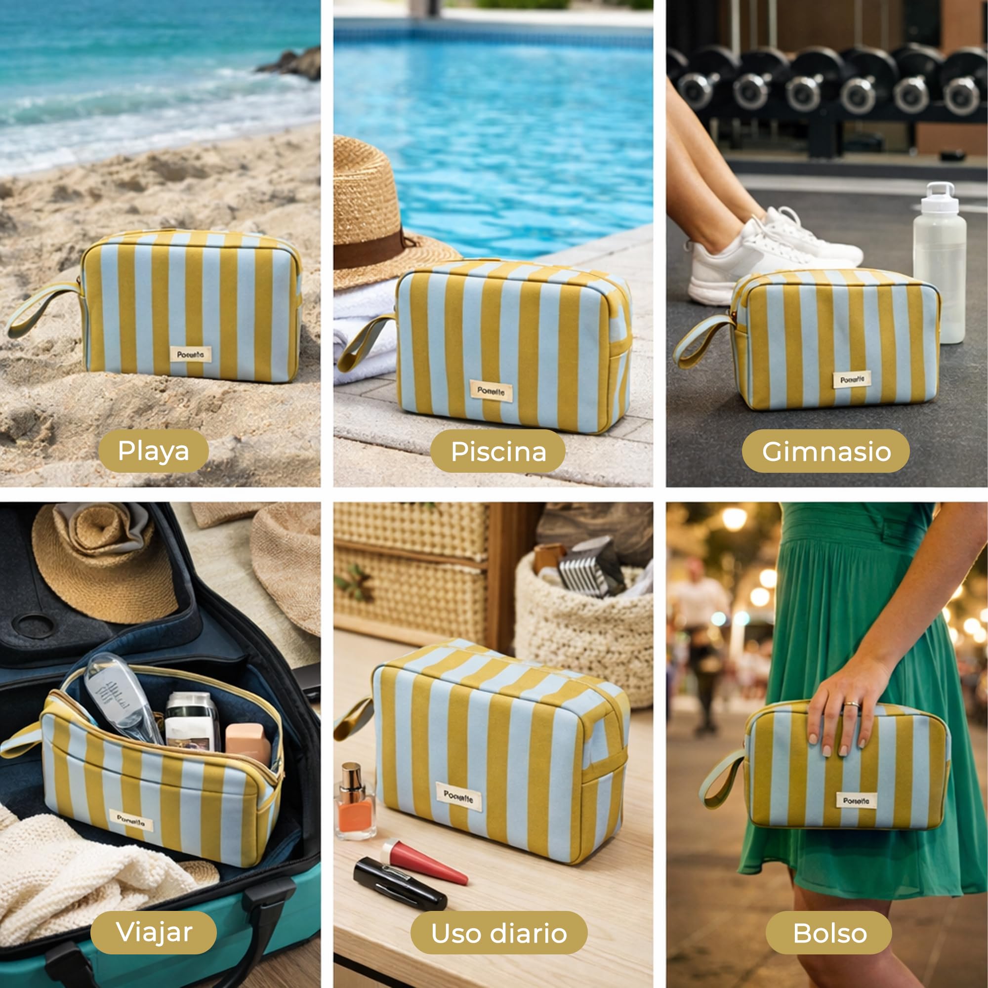 PONETTE - Neceser Menorca – con Cremallera Resistente y asa – Gran Capacidad, Plegable y Ligero – Diseño Actual a Rayas – Bolsa de Aseo Playa, Piscina, Viaje, Gimnasio y Uso Diario – Marca Española