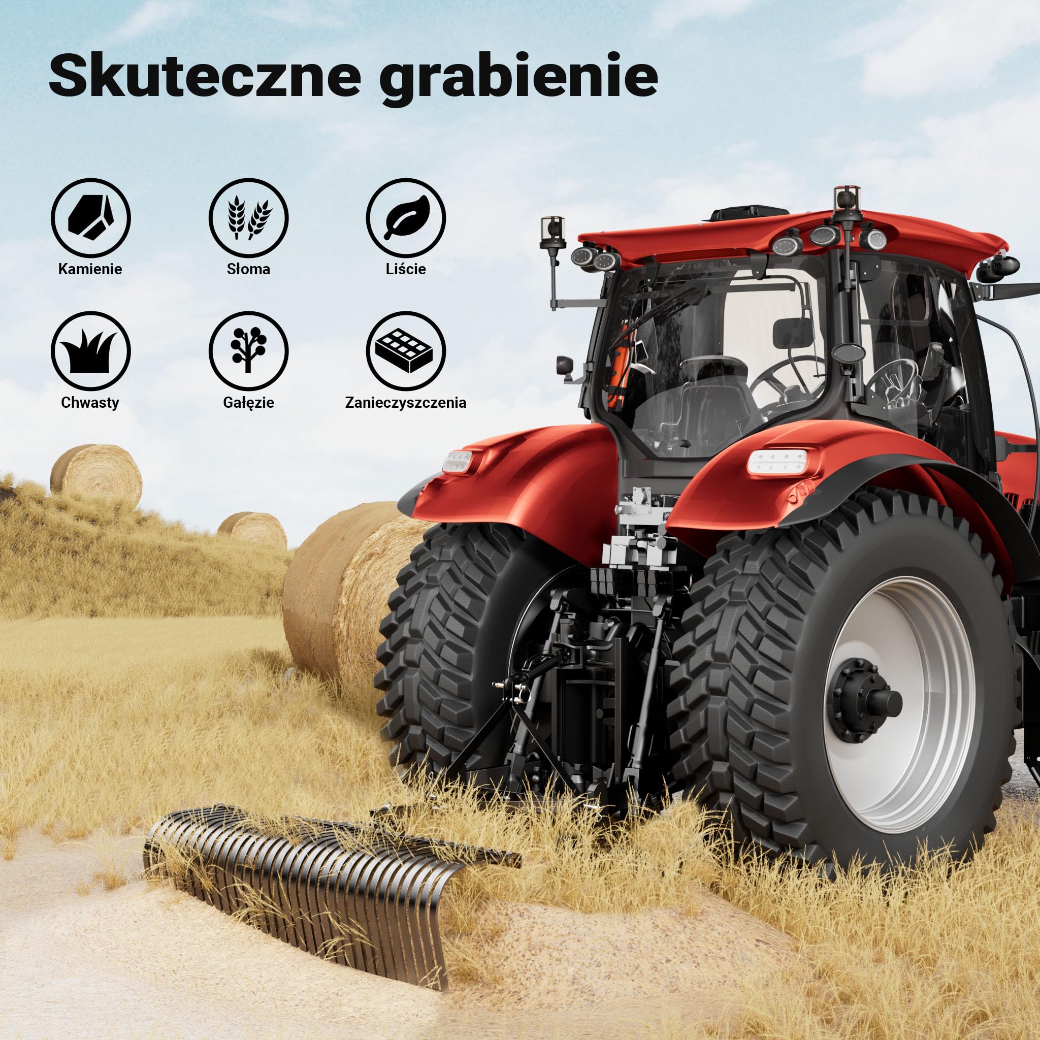 Wiltec Grabie do siana o szerokości roboczej 152 cm do traktorka, zgrabiarka z 32 zębami i trzypunktowym układem zaczepowym obrotowy o 360°