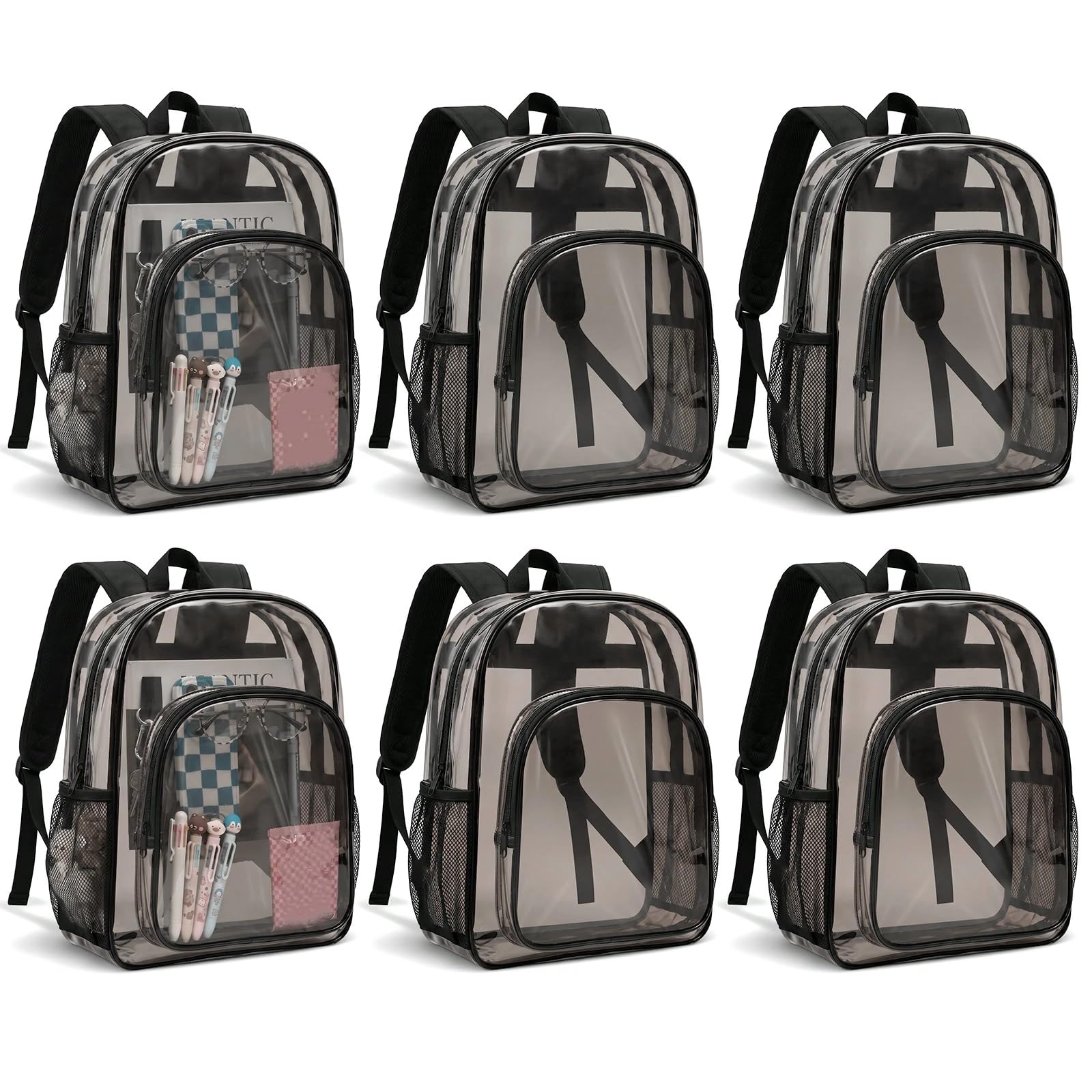 Amylove 6 Pcs Clear Backpack bulk for Stadium Events Heavy Duty PVC Transparent Bookbag for College Workplace Security (17 Inches,Pure Black)