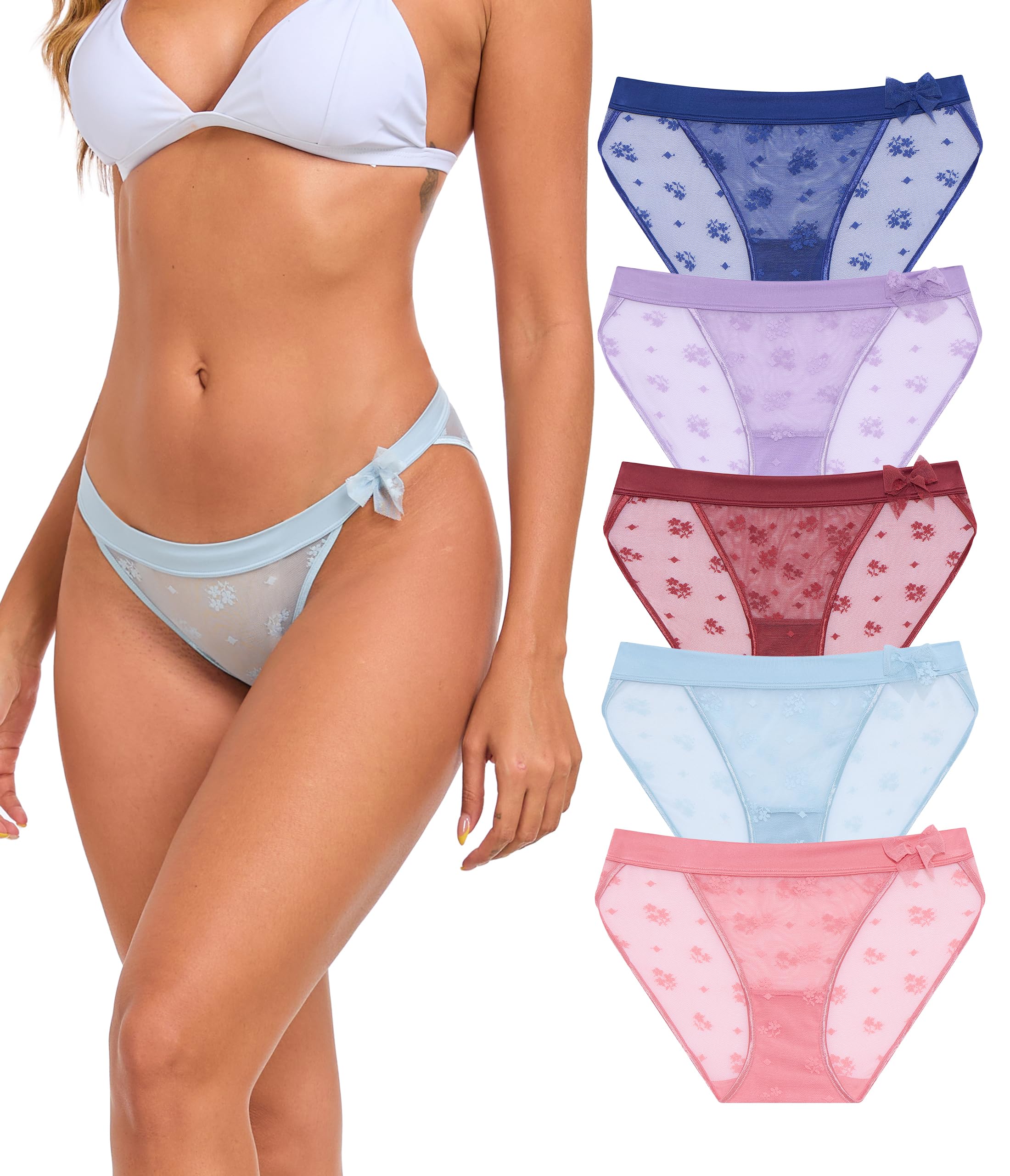ANLIQI Womens Sexy Underwear Mesh See Through Bikini Panties Pack Hi Cut Briefs Sheer Lace String Lingerie Hipster for Lady