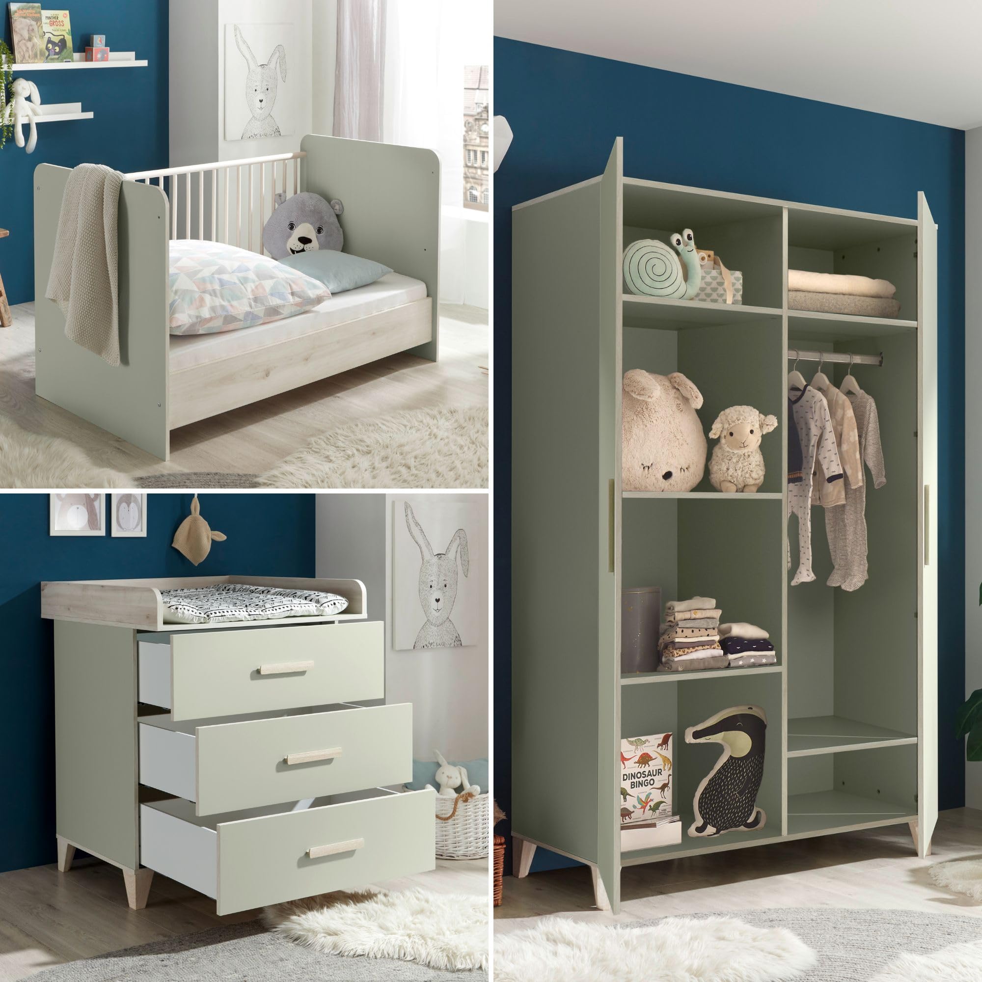 Stella Trading Prizzi Completo Color Verde Pastel/Aurum, Juego de Muebles para habitación de bebé de 3 Piezas Compuesto por Armario, Cuna y Cambiador, Madera, Komplett-Set
