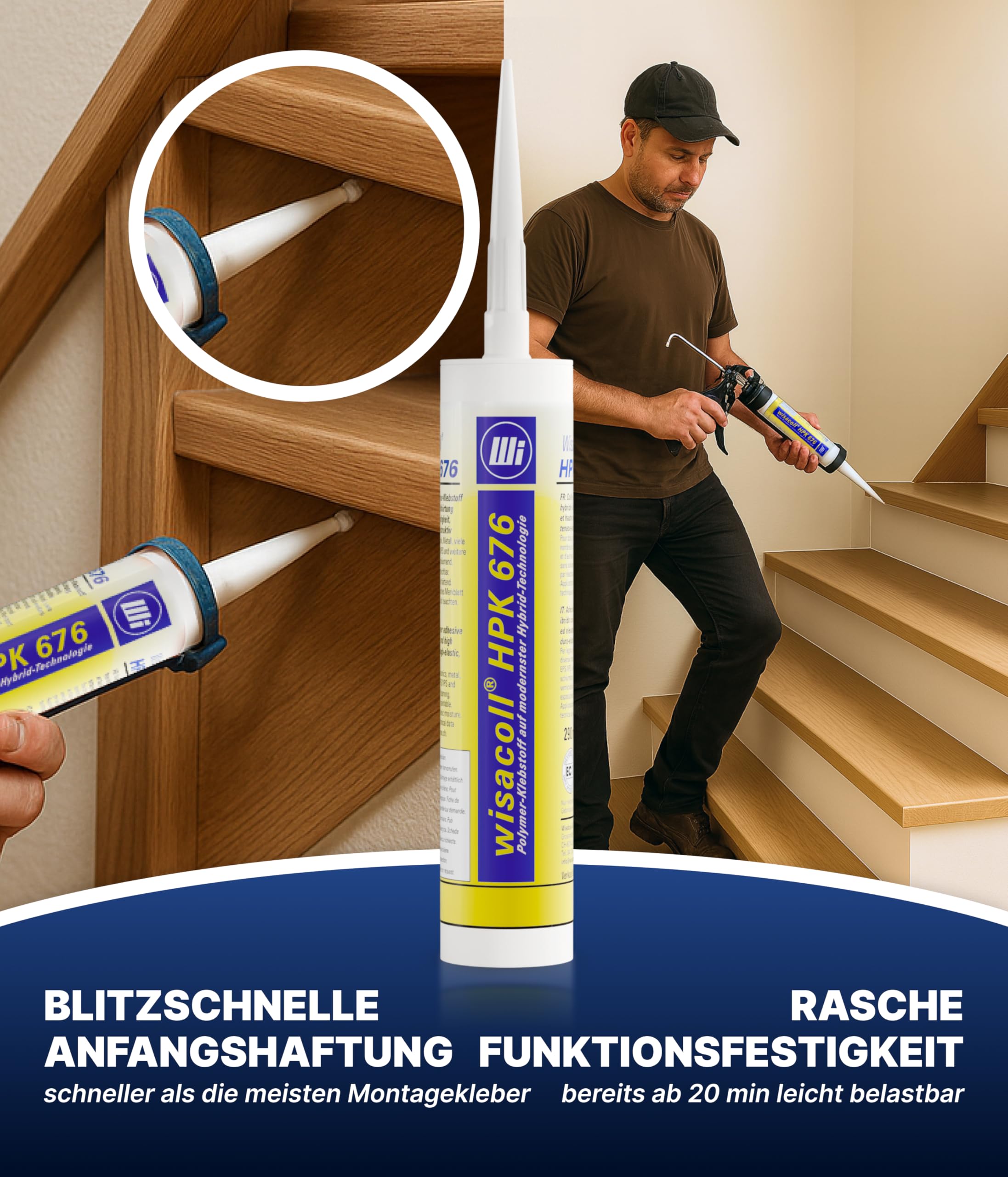 Wisabax® Wisacoll HPK 676 – Minutenkleber auf Hybrid-Polymer-Basis [12 x 290 ml] – extra schneller Montagekleber – hohe Endfestigkeit – bleibt zähelastisch bis halbhart – für Holz, Metall & Naturstein