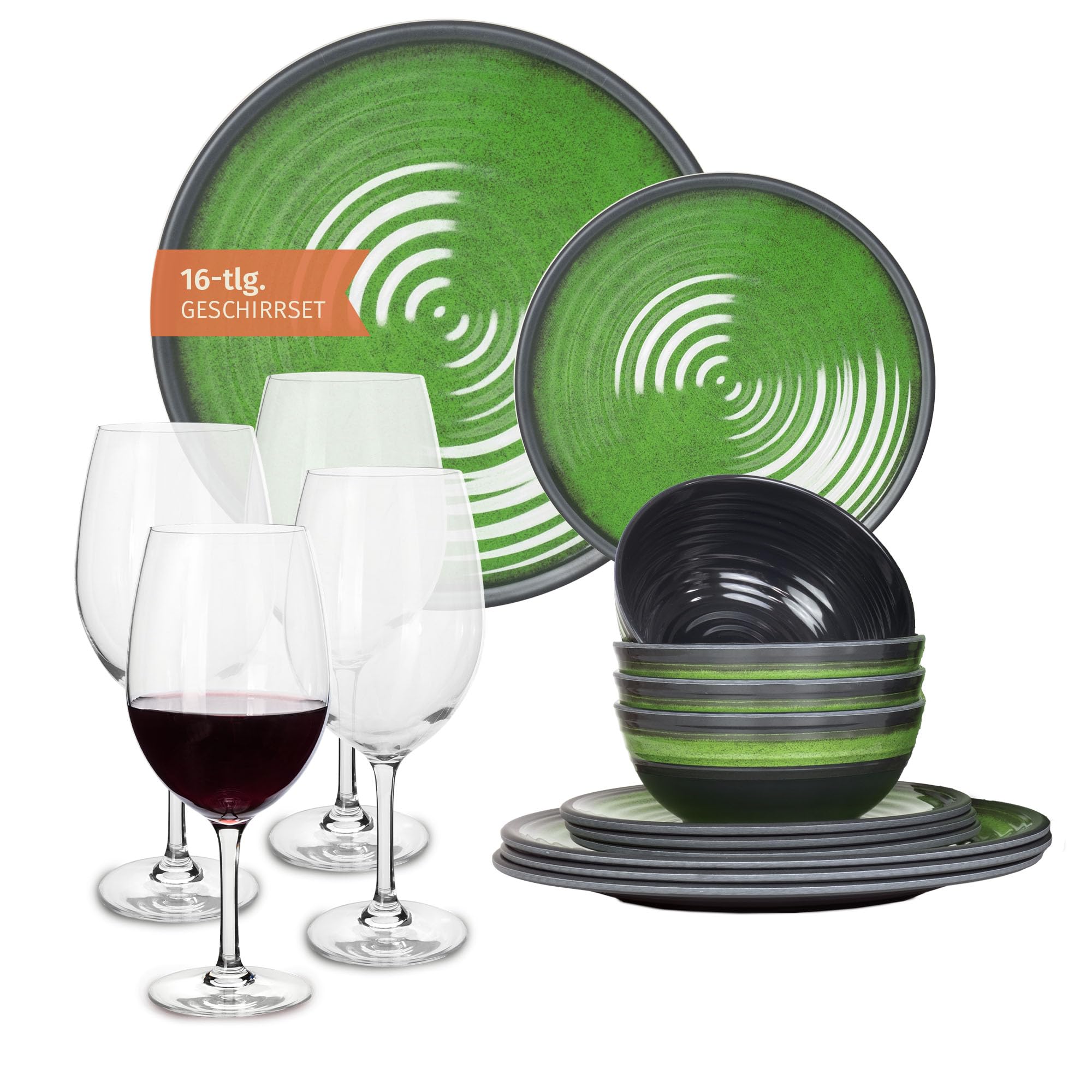 Vajilla de melamina para camping, 4 personas, color verde piedra + 4 vasos de vino tinto Tiamo rojo copas de vino rojo vajilla vajilla de picnic barbacoa
