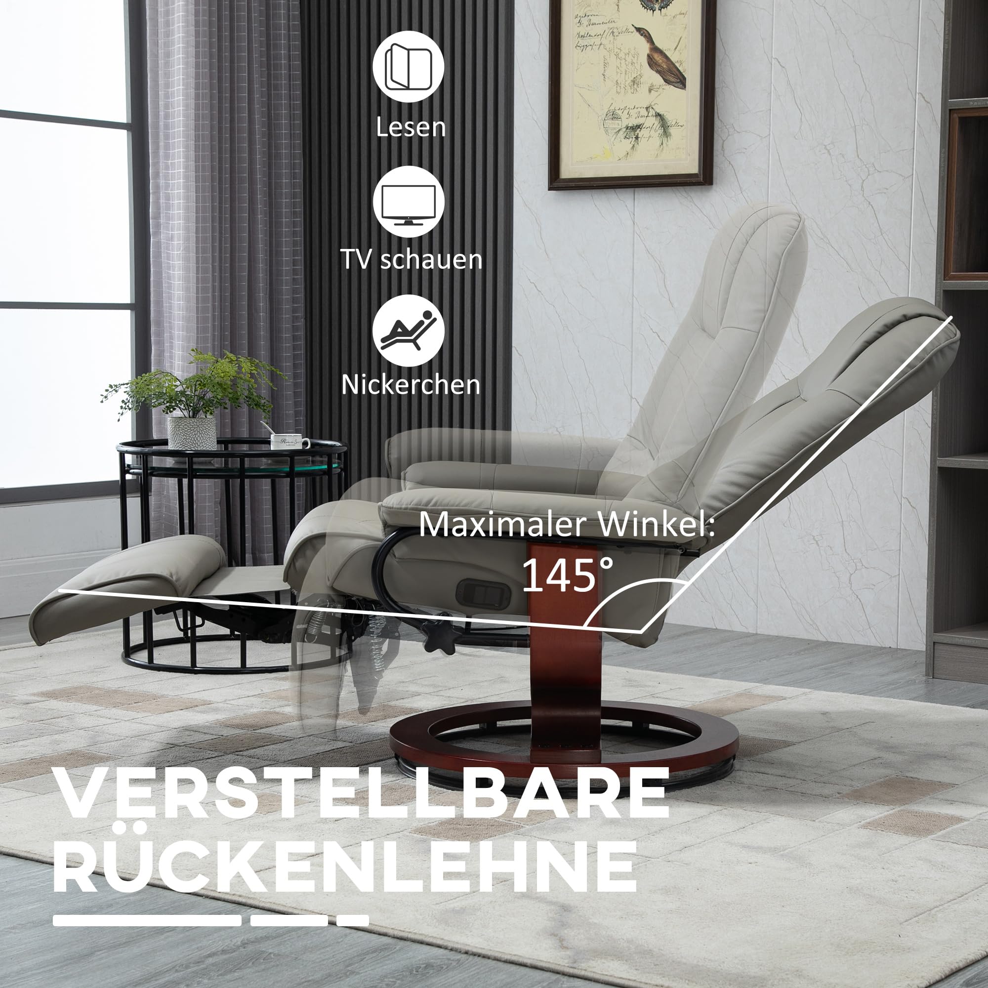 HOMCOM Relaxsessel mit Liegefunktion 360° Drehbar Fernsehsessel Verstellbare Rückenlehne Fußstütze Kunstleder Grau