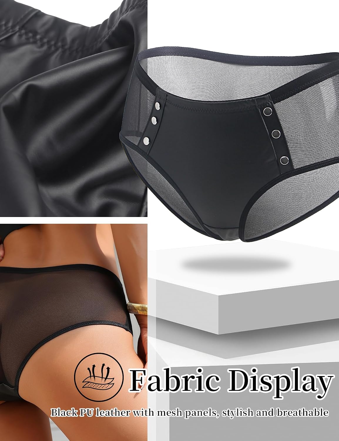 comeondear Women Faux Leather Underwear Panties with Punk Rivet Sexy Mesh Back Boyshorts Plus Size Leather Cheeky Briefs