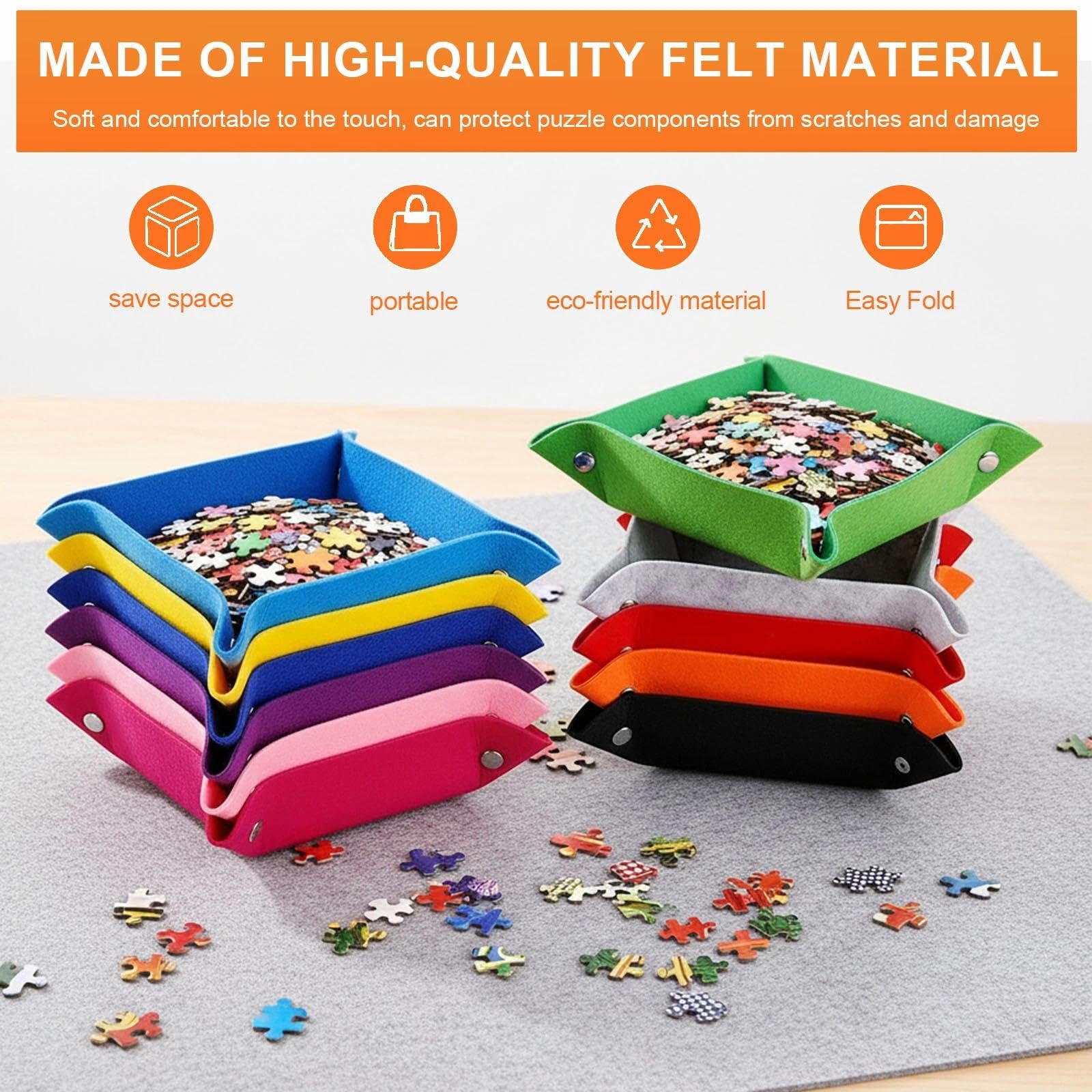 12-Piece Folding Puzzle Sorting Trays, Colourful Felt Bowls with Snap Buttons, Key Bowl, Desk Tray, Small Felt Dice Tray - Image 3