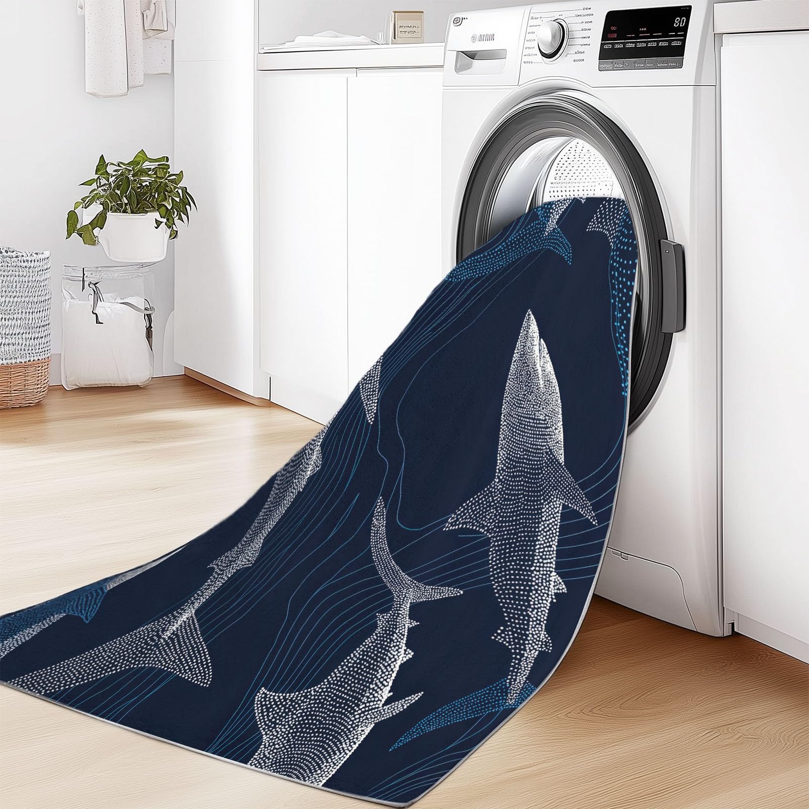 Generisch Dunkelblau Teppich Wohnzimmer 160 x 230 cm, Waschbare Teppiche Minimalismus Digitale Kunst Fische Design Teppich mit Rutschfester Rückseite für Eingang, Flur und Korridor, Büro