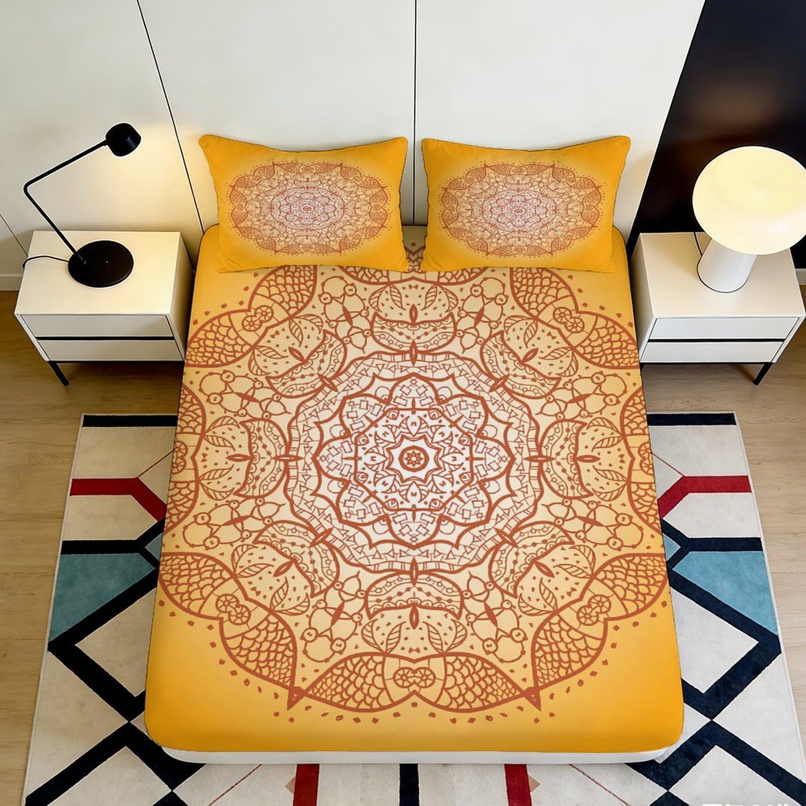 3D Printed Mandala Pattern Fitted Sheet Microfiber Anti-Slip Boho Sun Geometry Bed Cover for Bedroom Dorm Mattress Protection Decor 90x200x25cm