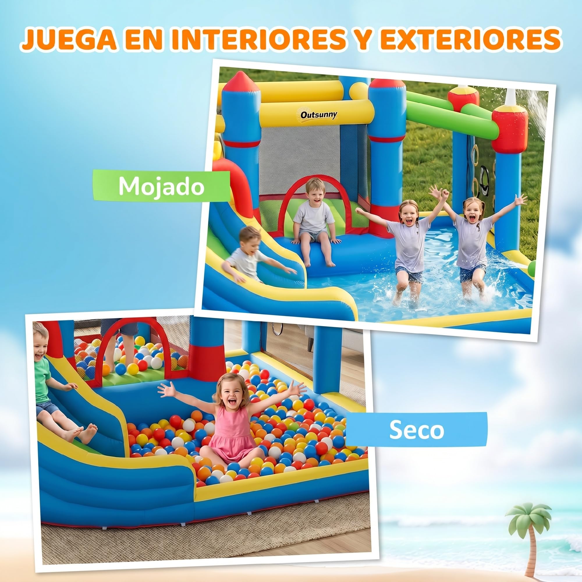 Outsunny Castillo Hinchable para Niños Castillo Inflable Infantil con Tobogán Cama de Salto Piscina Muro de Escalada Inflador y Bolsa de Transporte 390x300x197 cm Multicolor
