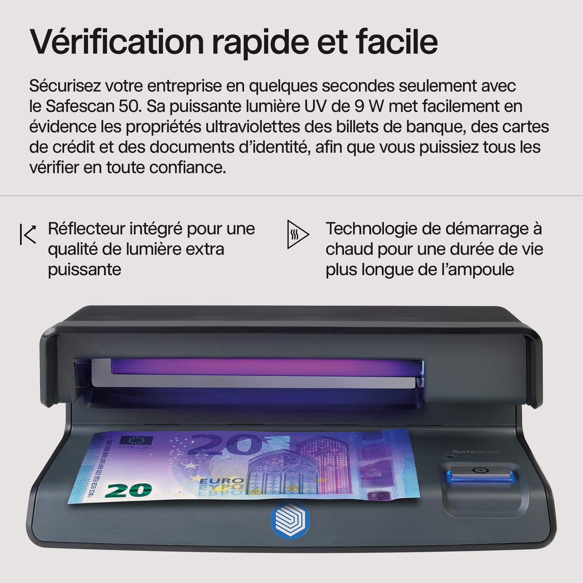 Safescan 50 Noir - Détecteur de faux billets UV pour la vérification des billets de banque, des cartes de crédit et cartes d'identité, 131-0397