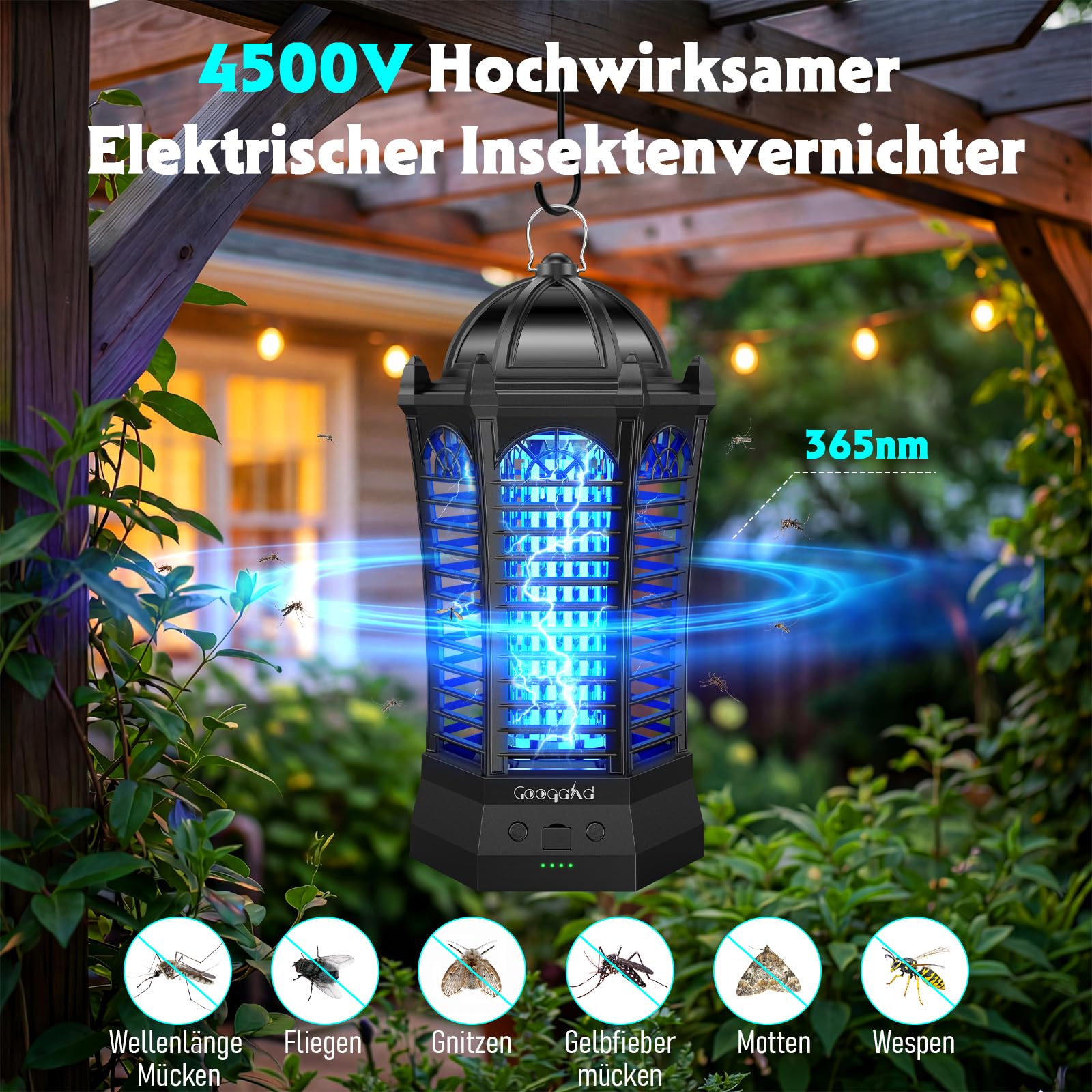 Insektenvernichter Elektrisch mit LED-Beleuchtung, Mückenfalle mottenfalle für Innen Außen 4000mAh Akku, IPX4 wasserdicht, Sicher, ungiftig & Geruchsneutral,Schlafzimmer,Küche,Wohnzimmer